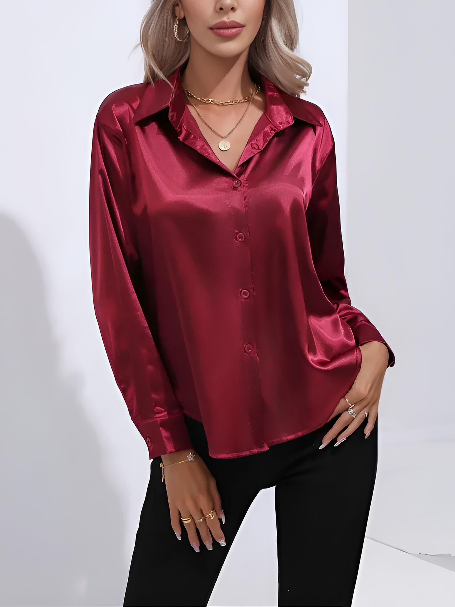 Versatile Collared Satin Solid Color Button Front Lapel Adjustable Cuffs Shirt Burgundy/L