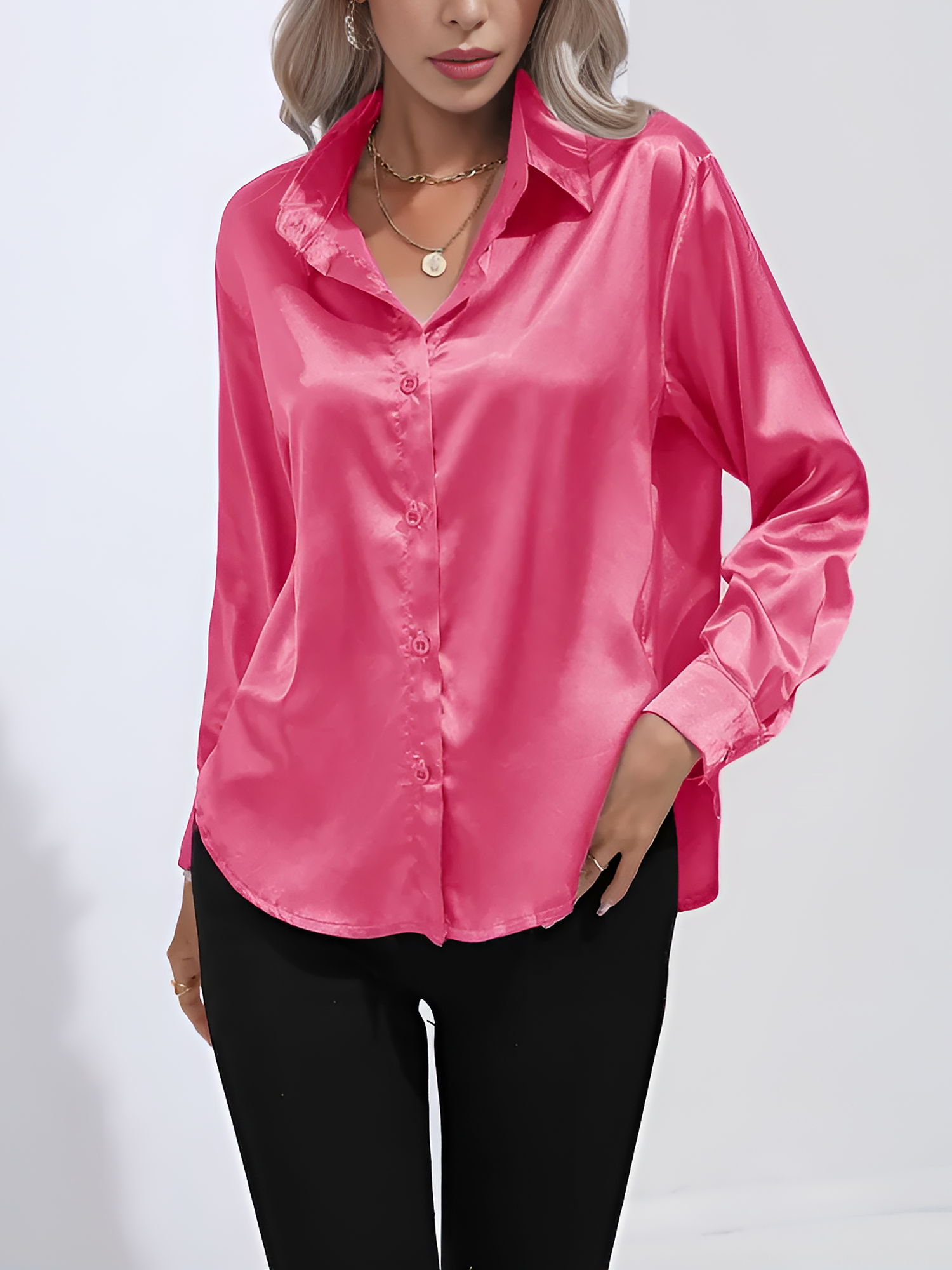 Versatile Collared Satin Solid Color Button Front Lapel Adjustable Cuffs Shirt Hot Pink/L
