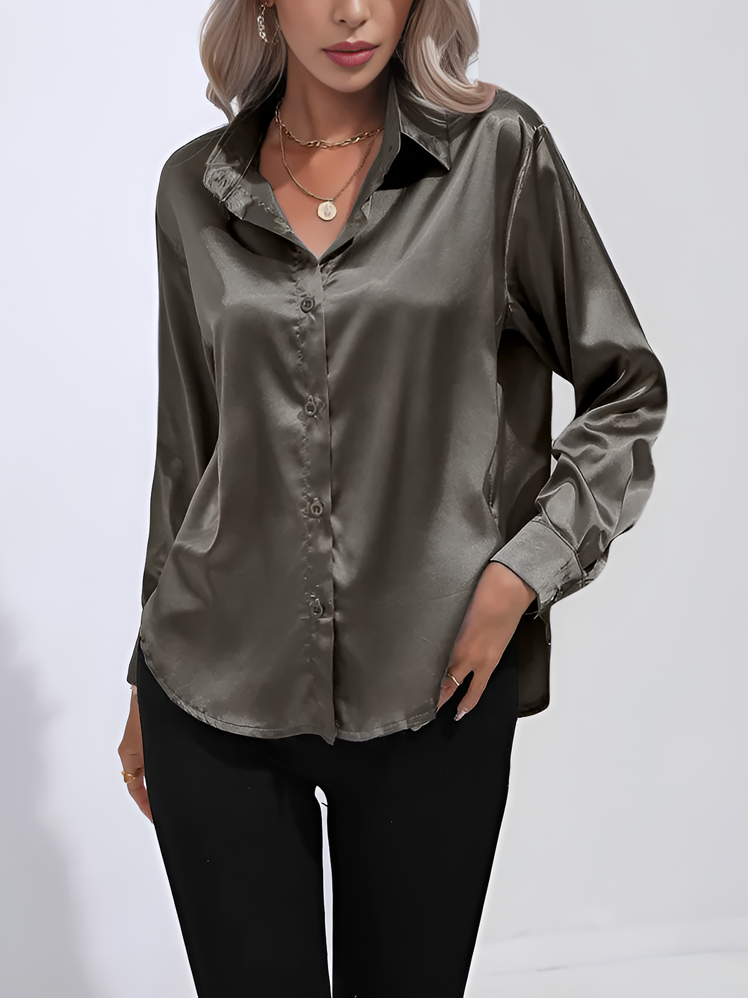Versatile Collared Satin Solid Color Button Front Lapel Adjustable Cuffs Shirt Dark Grey/M