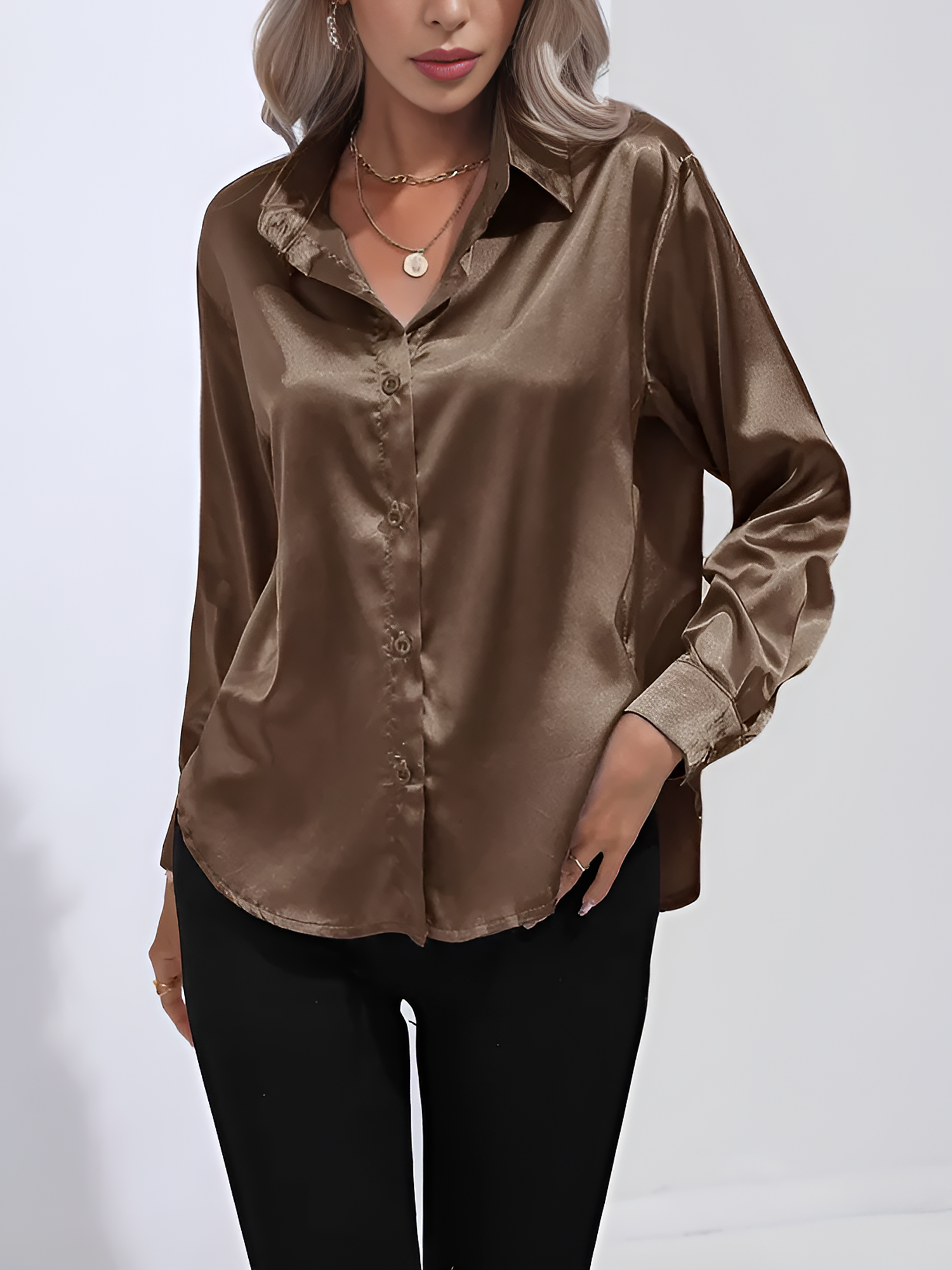 Versatile Collared Satin Solid Color Button Front Lapel Adjustable Cuffs Shirt Brown/2XL
