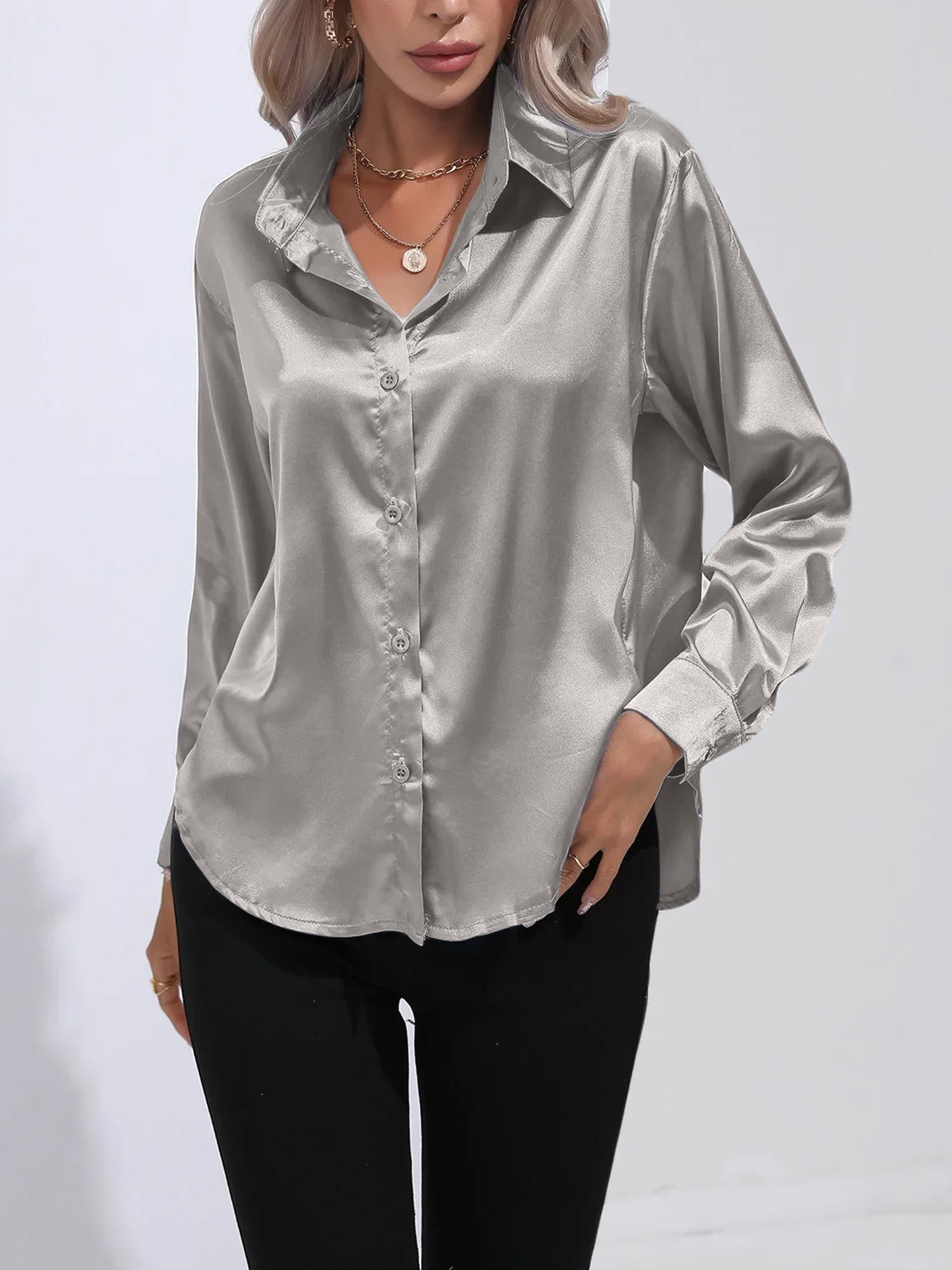 Versatile Collared Satin Solid Color Button Front Lapel Adjustable Cuffs Shirt Grey/2XL
