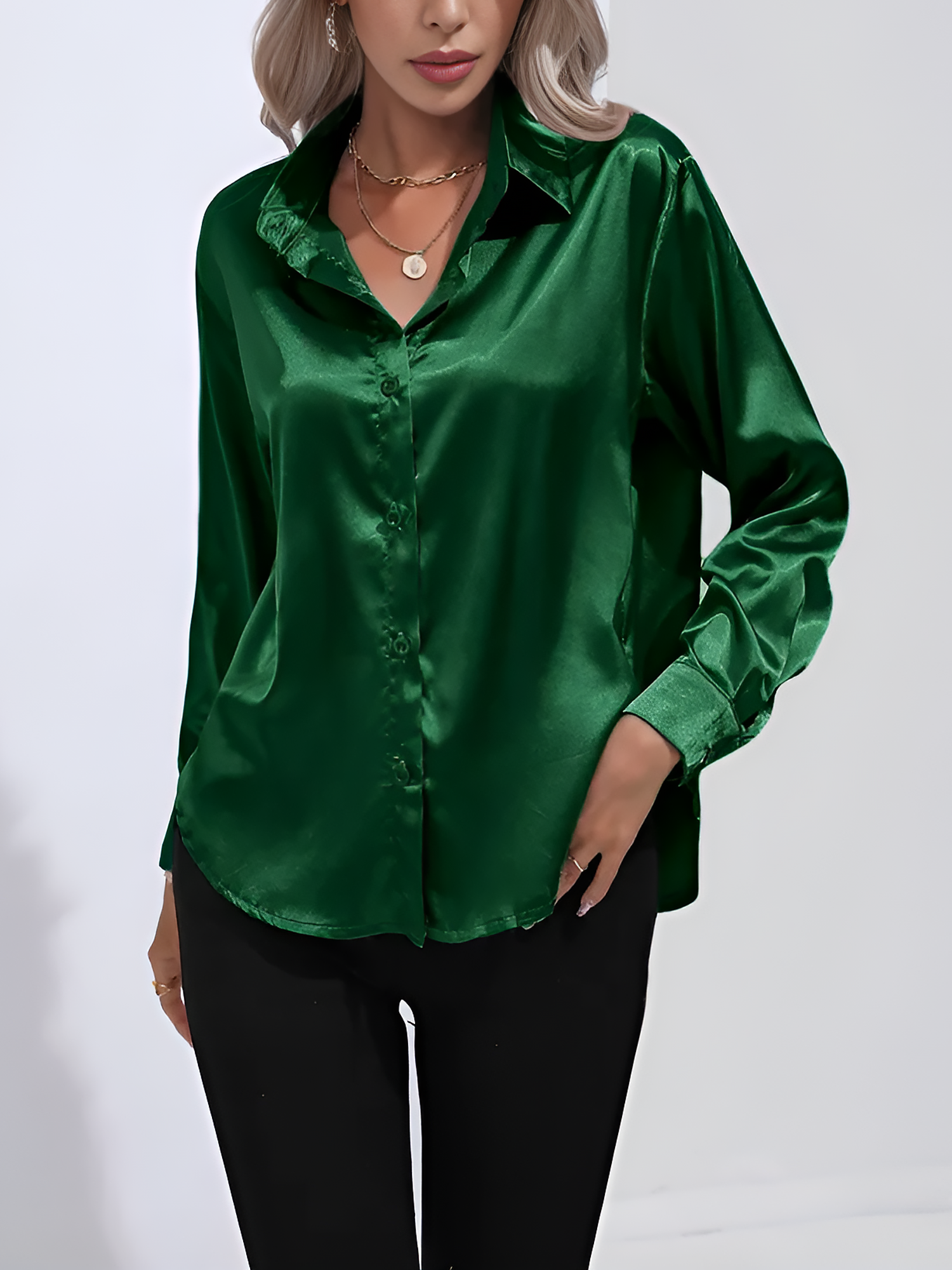 Versatile Collared Satin Solid Color Button Front Lapel Adjustable Cuffs Shirt Green/S