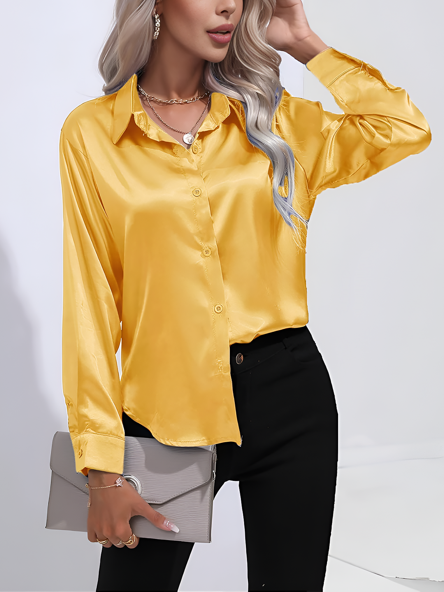 Versatile Collared Satin Solid Color Button Front Lapel Adjustable Cuffs Shirt Yellow/XL
