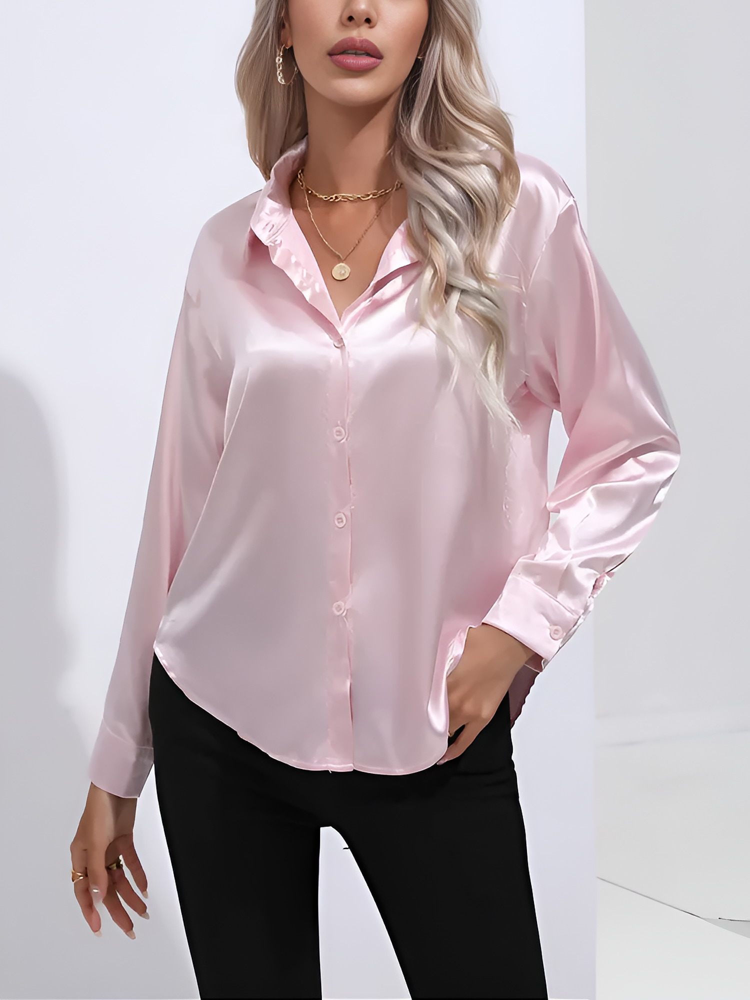Versatile Collared Satin Solid Color Button Front Lapel Adjustable Cuffs Shirt Pink/M