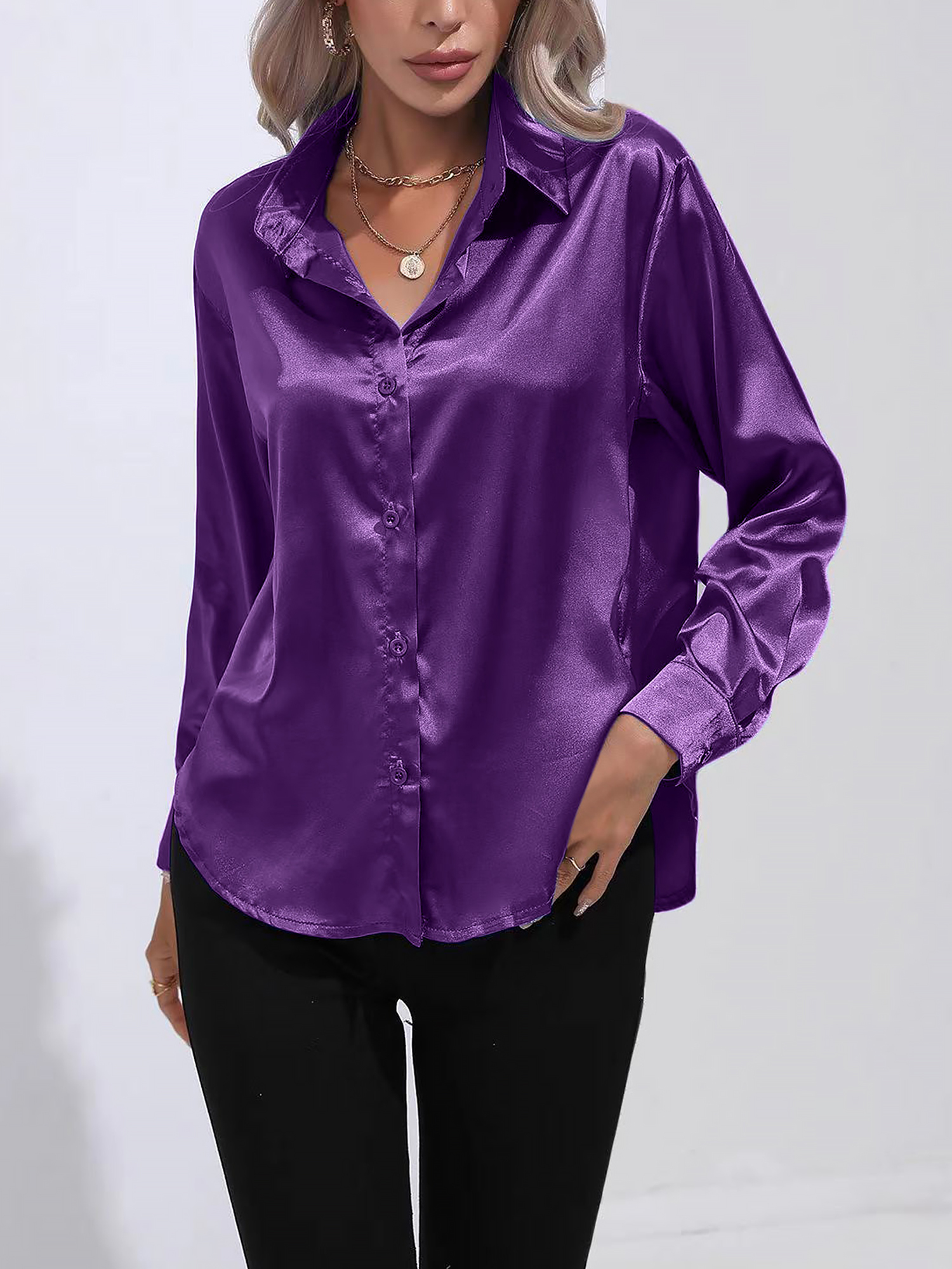 Versatile Collared Satin Solid Color Button Front Lapel Adjustable Cuffs Shirt Purple/M