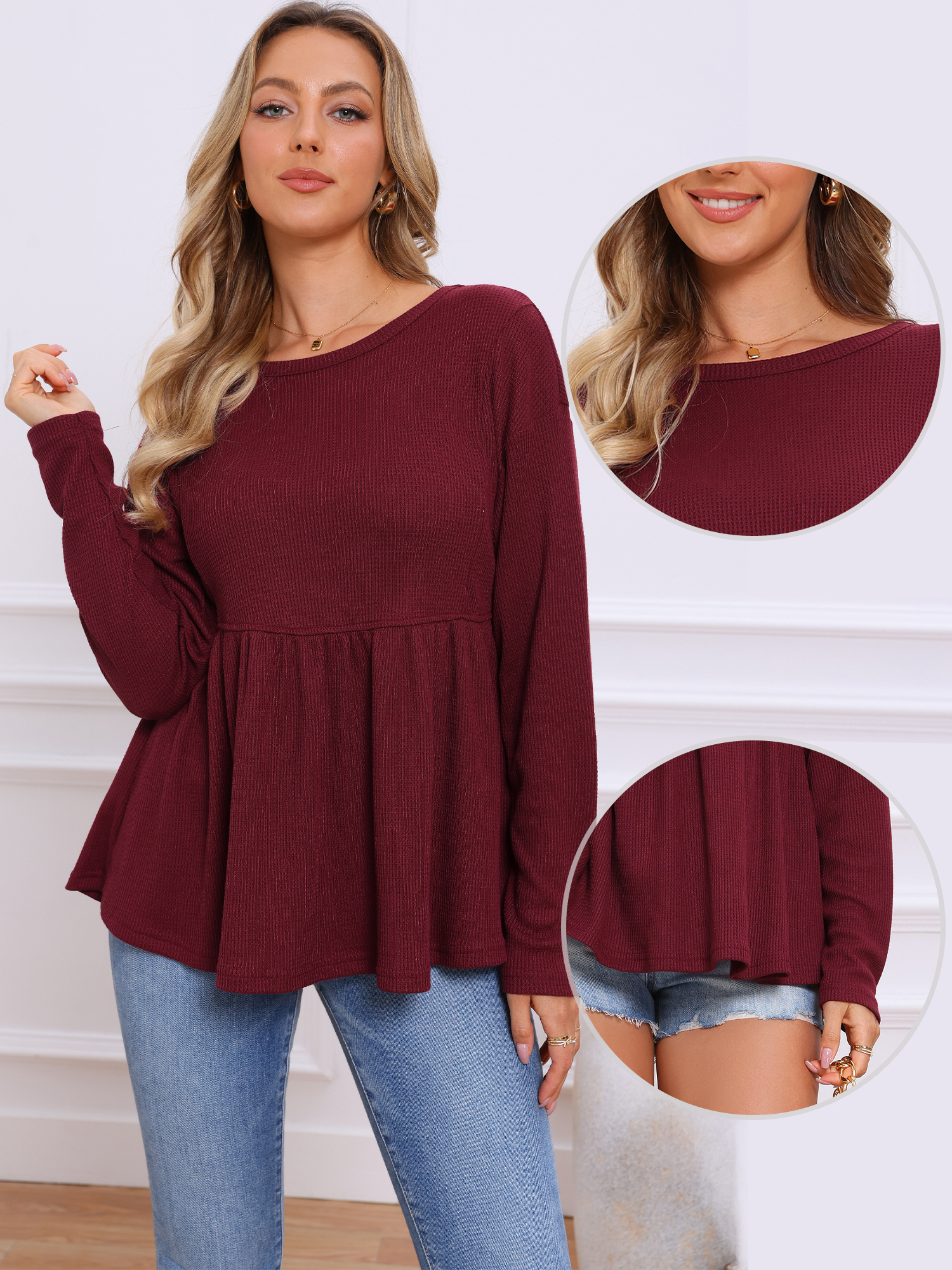 Ruffle Hem Crew Neck Long Sleeve Peplum Top Burgundy/XS
