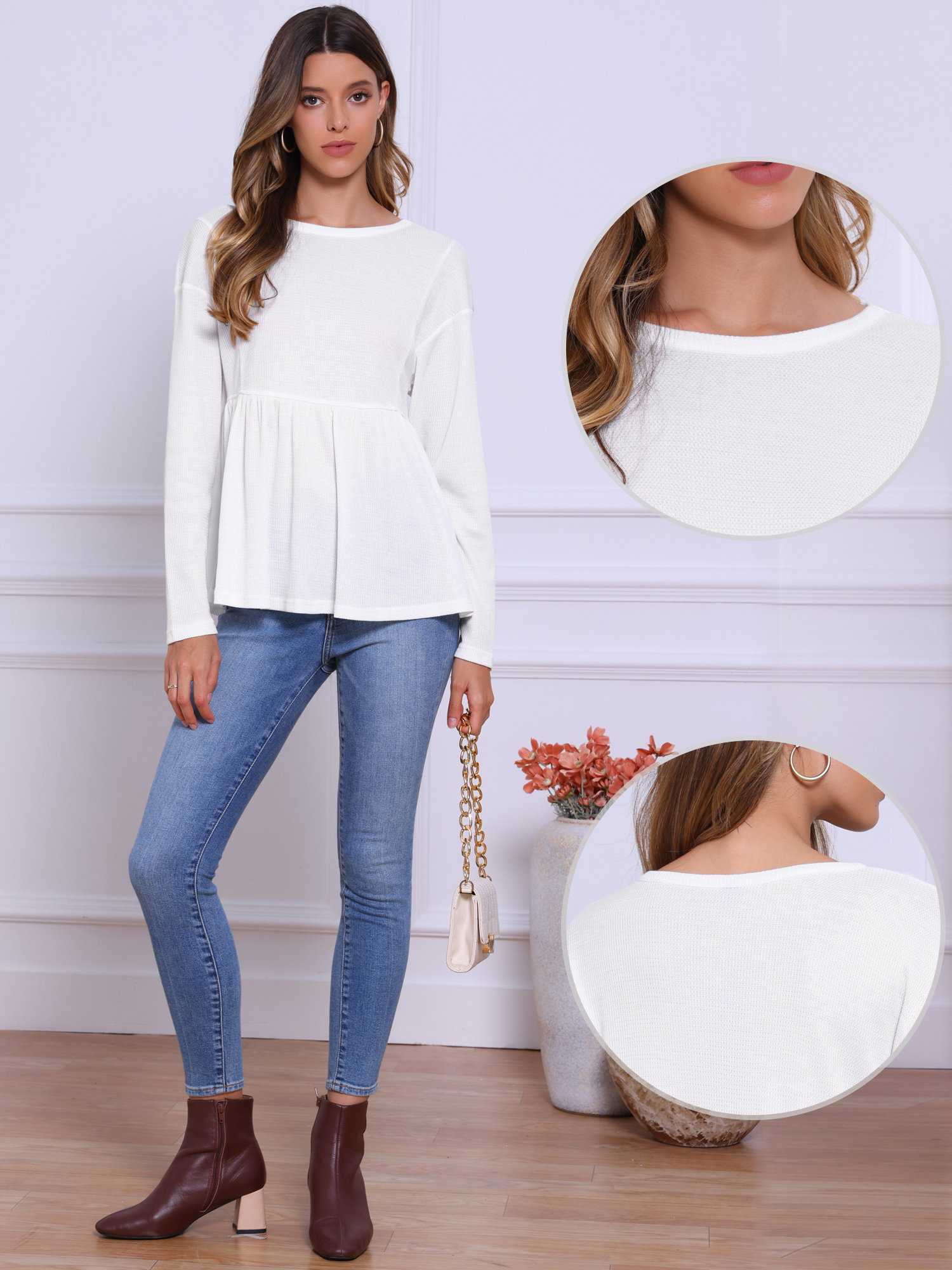 Ruffle Hem Crew Neck Long Sleeve Peplum Top White/XS