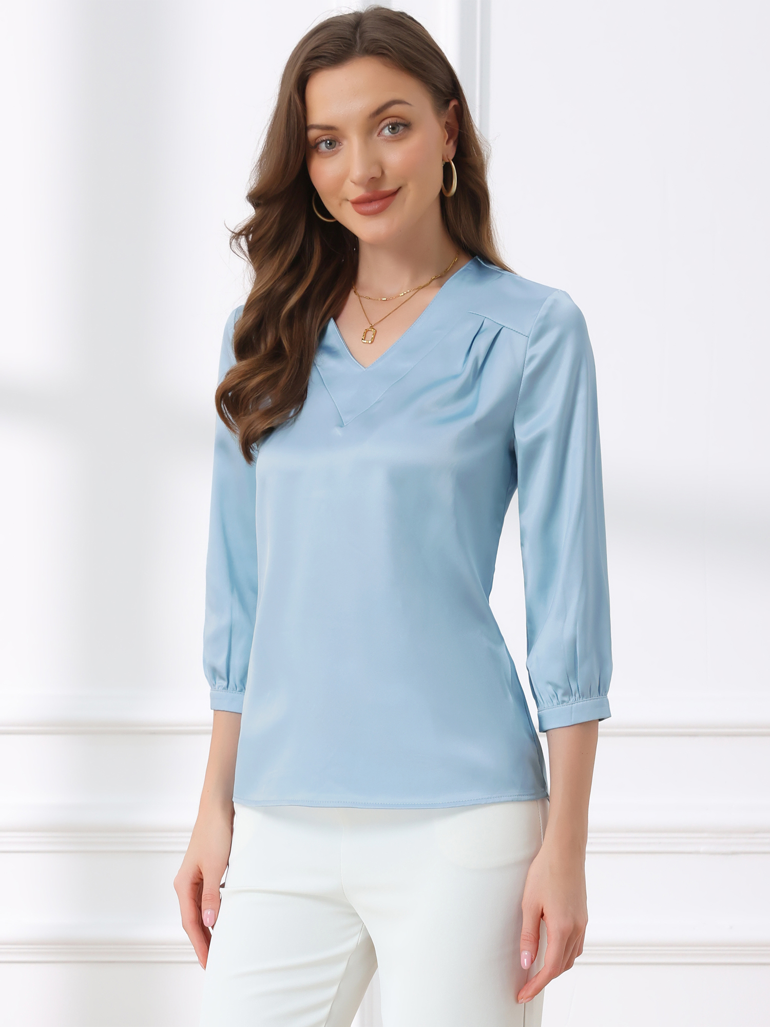 Casual Office Blouse 3/4 Sleeve V Neck Satin Shirt Light Blue/L