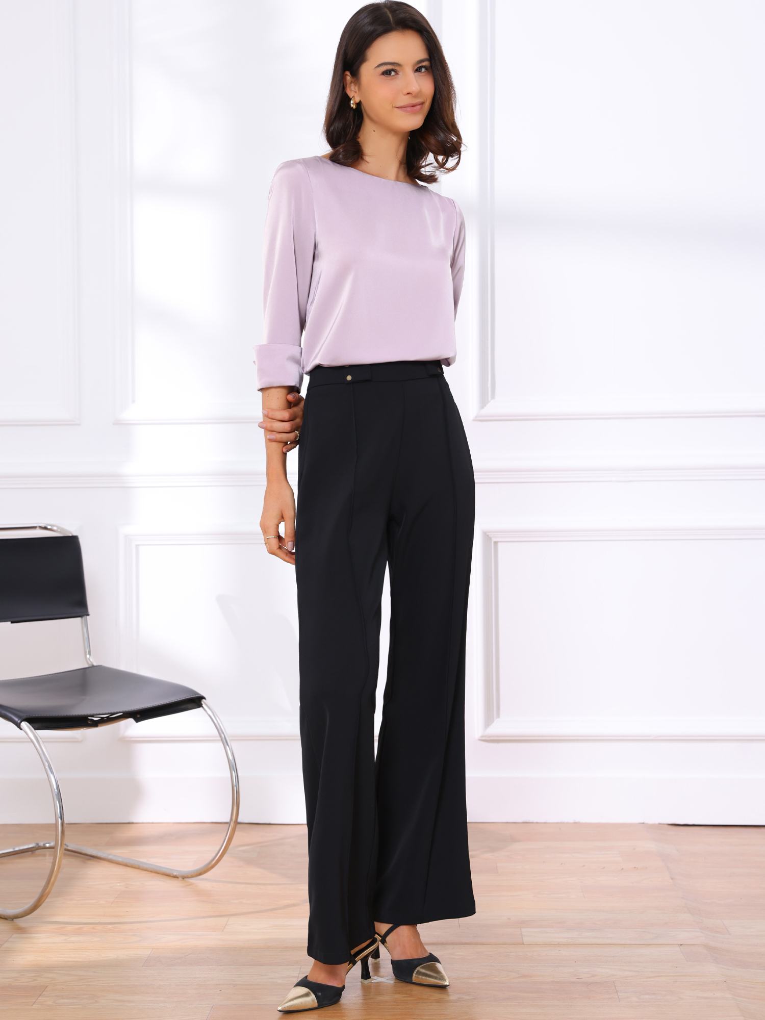 Dressy Casual Boat Neck 3/4 Sleeve Work Satin Blouse Light Purple Pink/XL