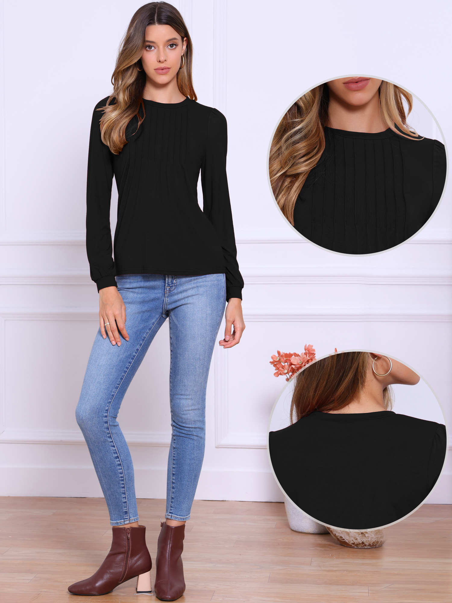Solid Color Puff Long Sleeve Pleated Casual Blouse Black/M