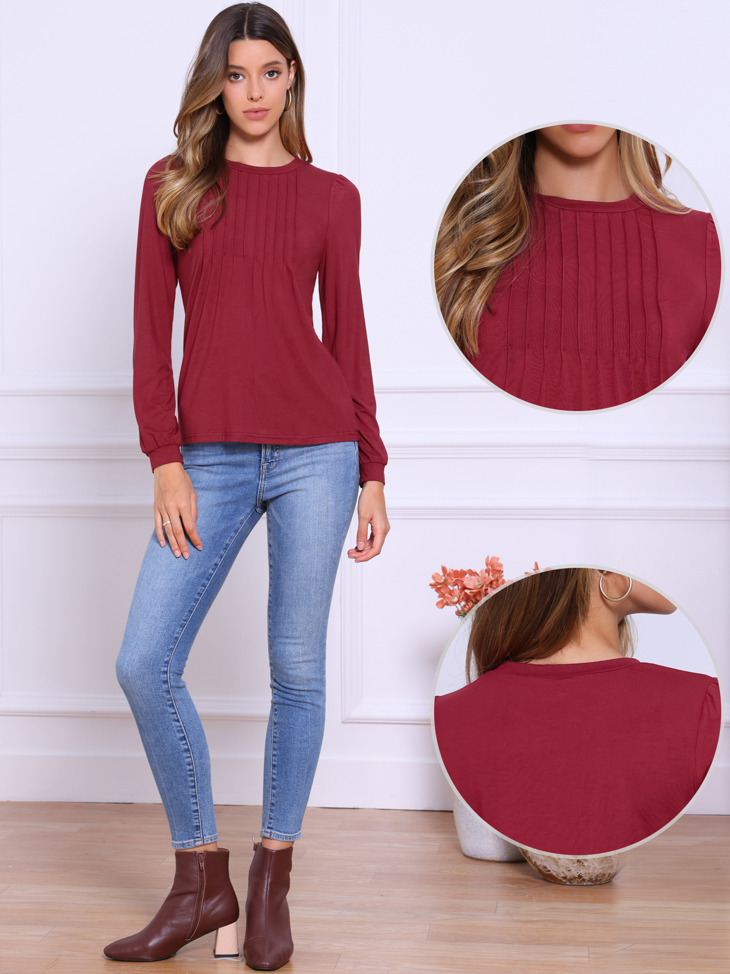 Solid Color Puff Long Sleeve Pleated Casual Blouse Burgundy/M