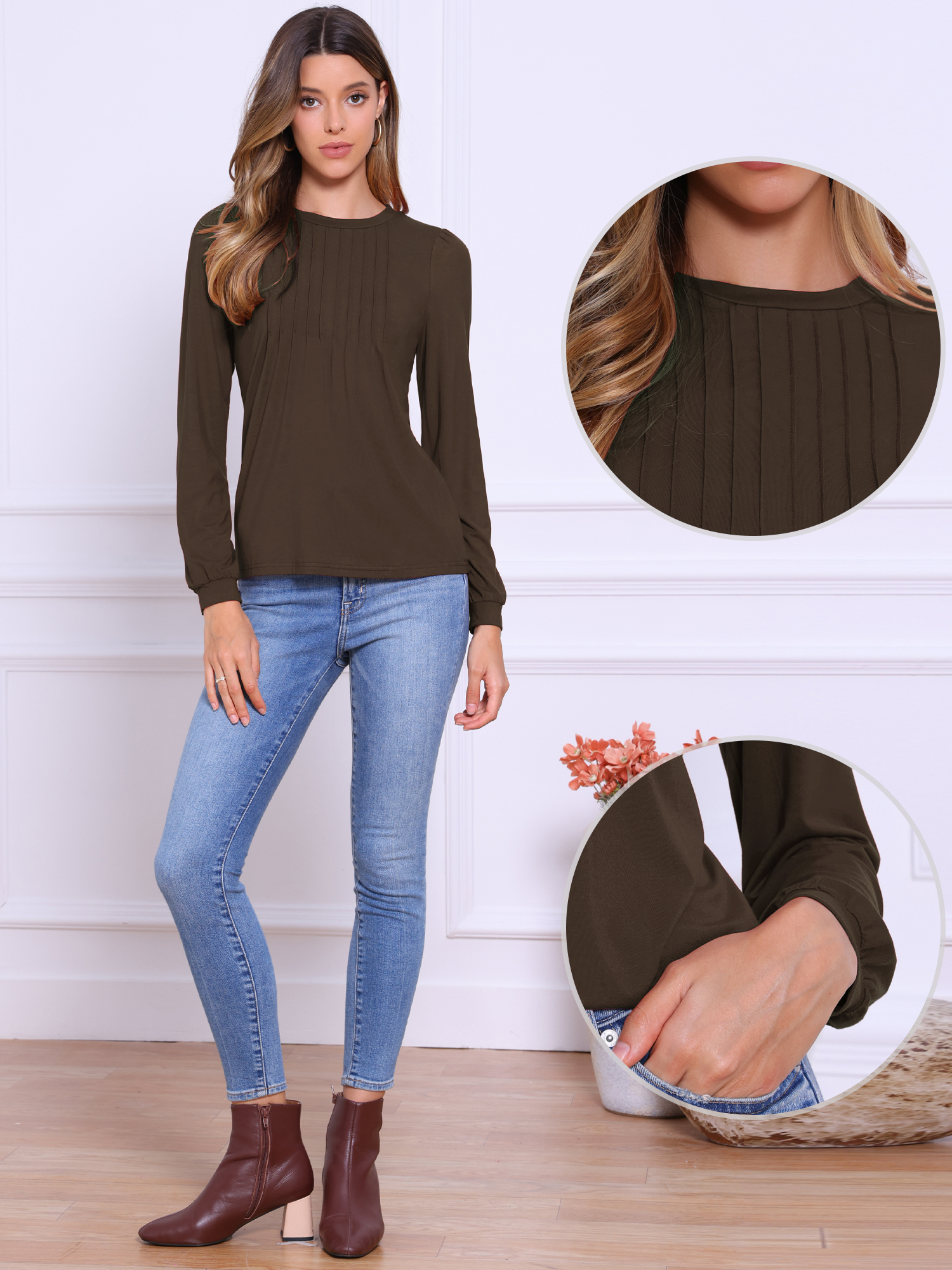 Solid Color Puff Long Sleeve Pleated Casual Blouse Dark Brown/XS