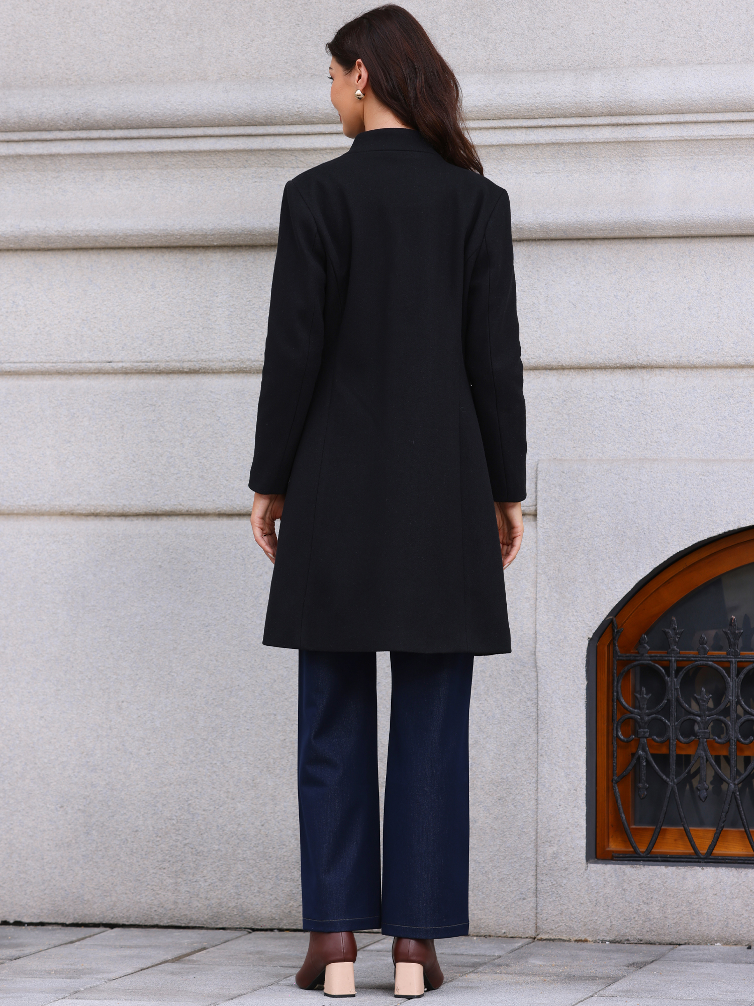 Stand Collar Single Breasted Mid-Long Overcoat Black/XS