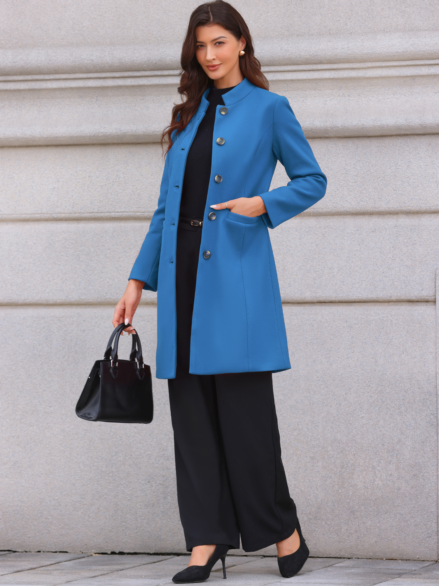 Allegra – Stand Collar Single Breasted Mid-Long Overcoat Blue/M