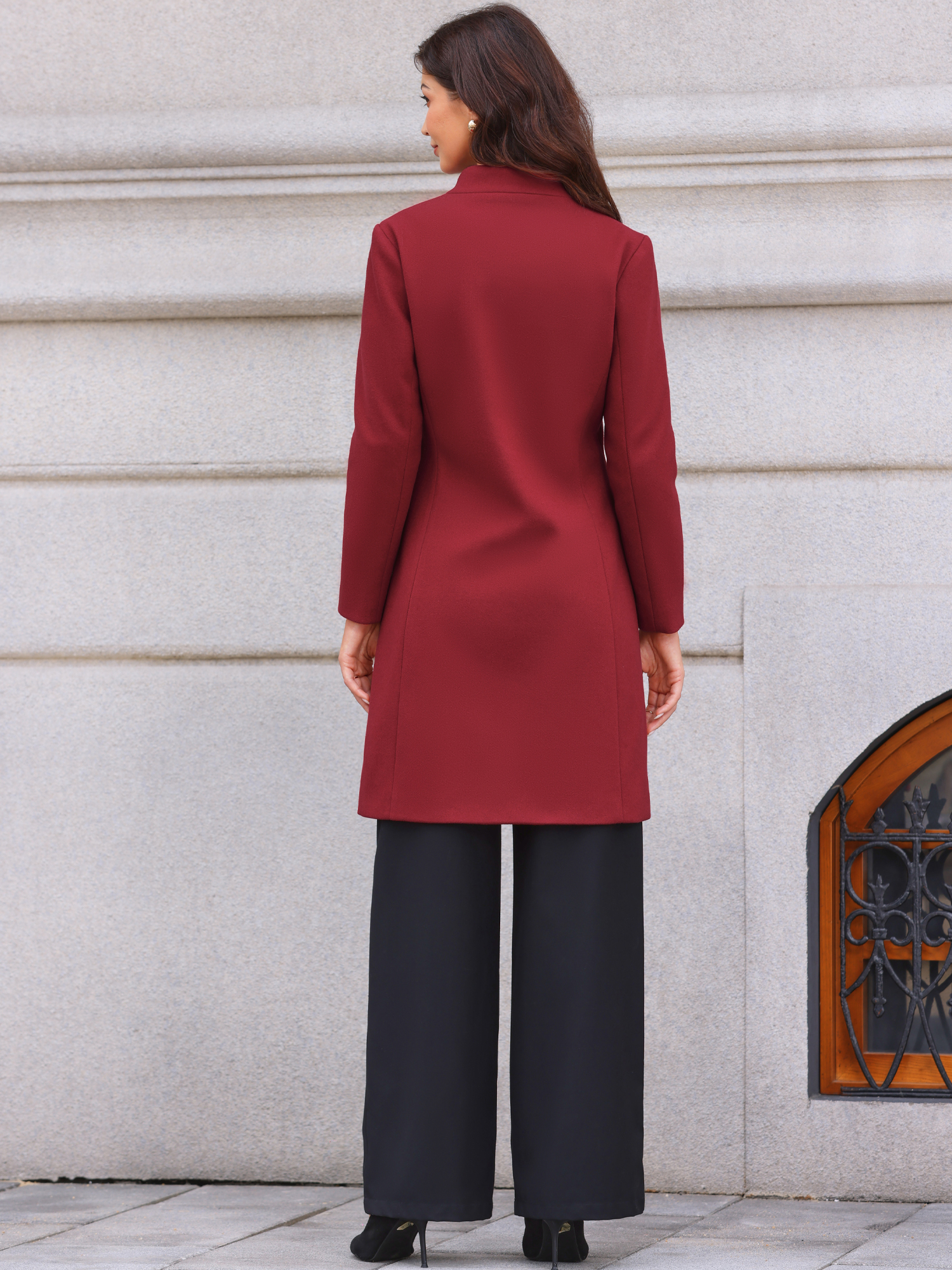 Stand Collar Single Breasted Mid-Long Overcoat Dark Red/XL