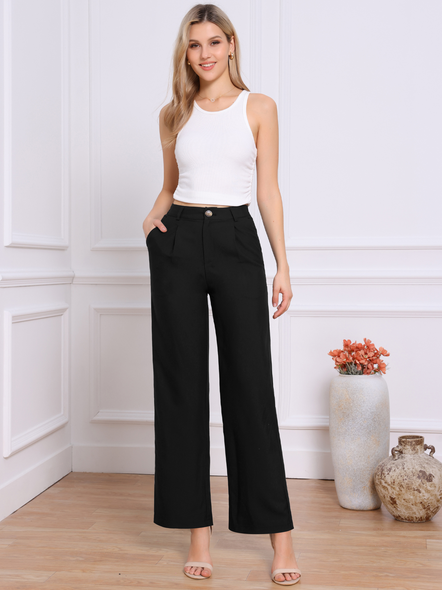 Elastic Waisted Straight Legs Work Dressy Pants Black/M