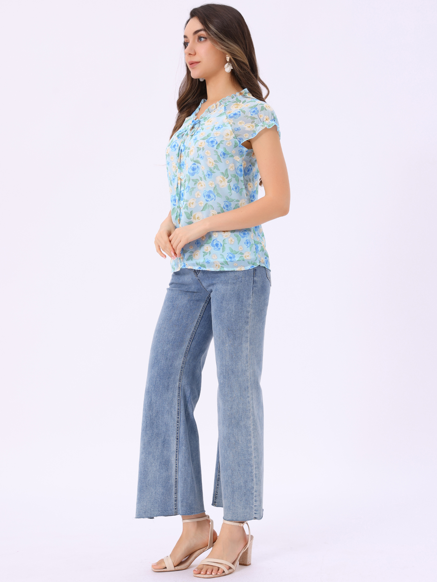 Ditsy Floral Print Chiffon Short Sleeve Ruffle Blouse Sky Blue/XL