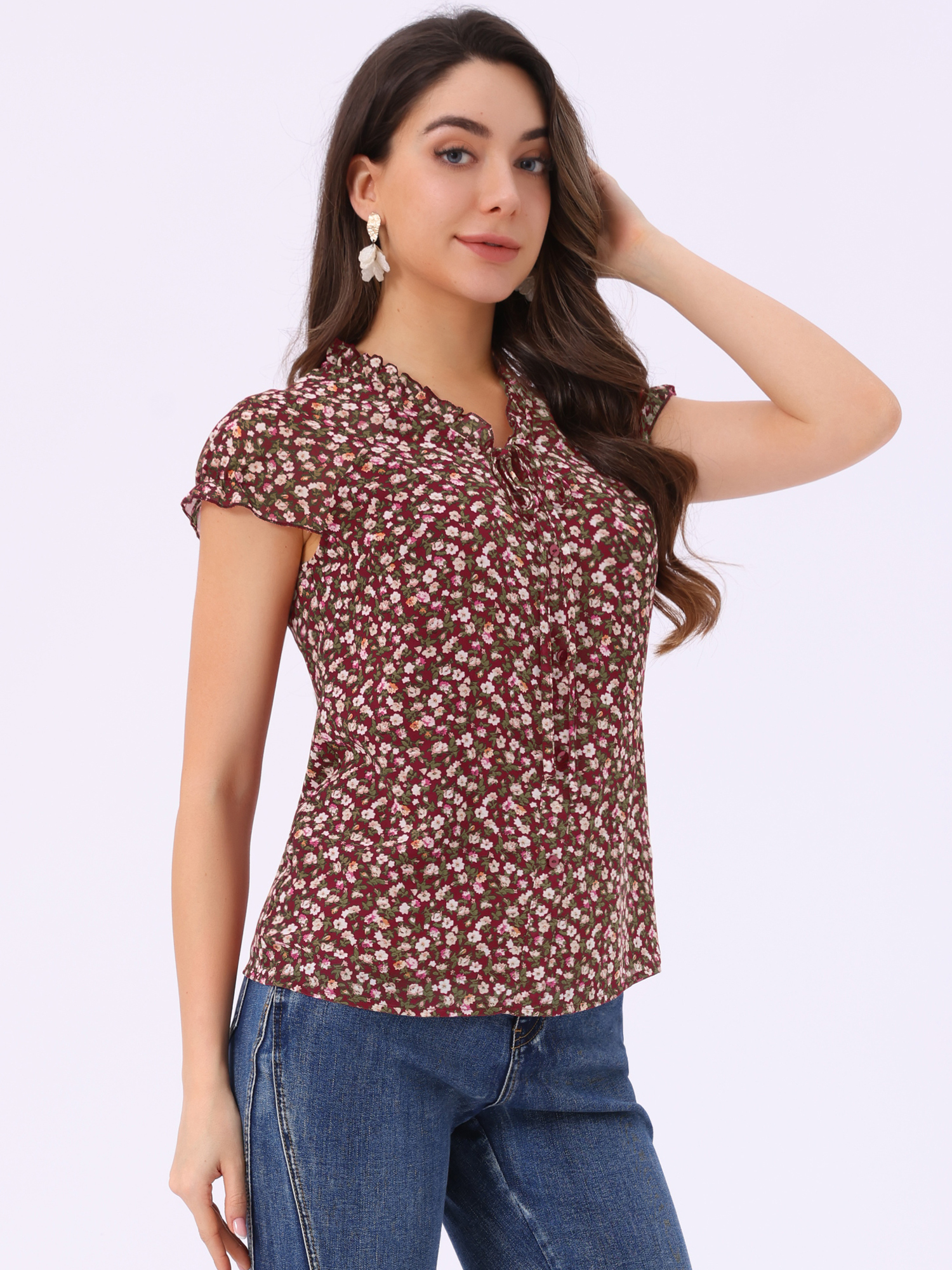 Ditsy Floral Print Chiffon Short Sleeve Ruffle Blouse Dark Red/L