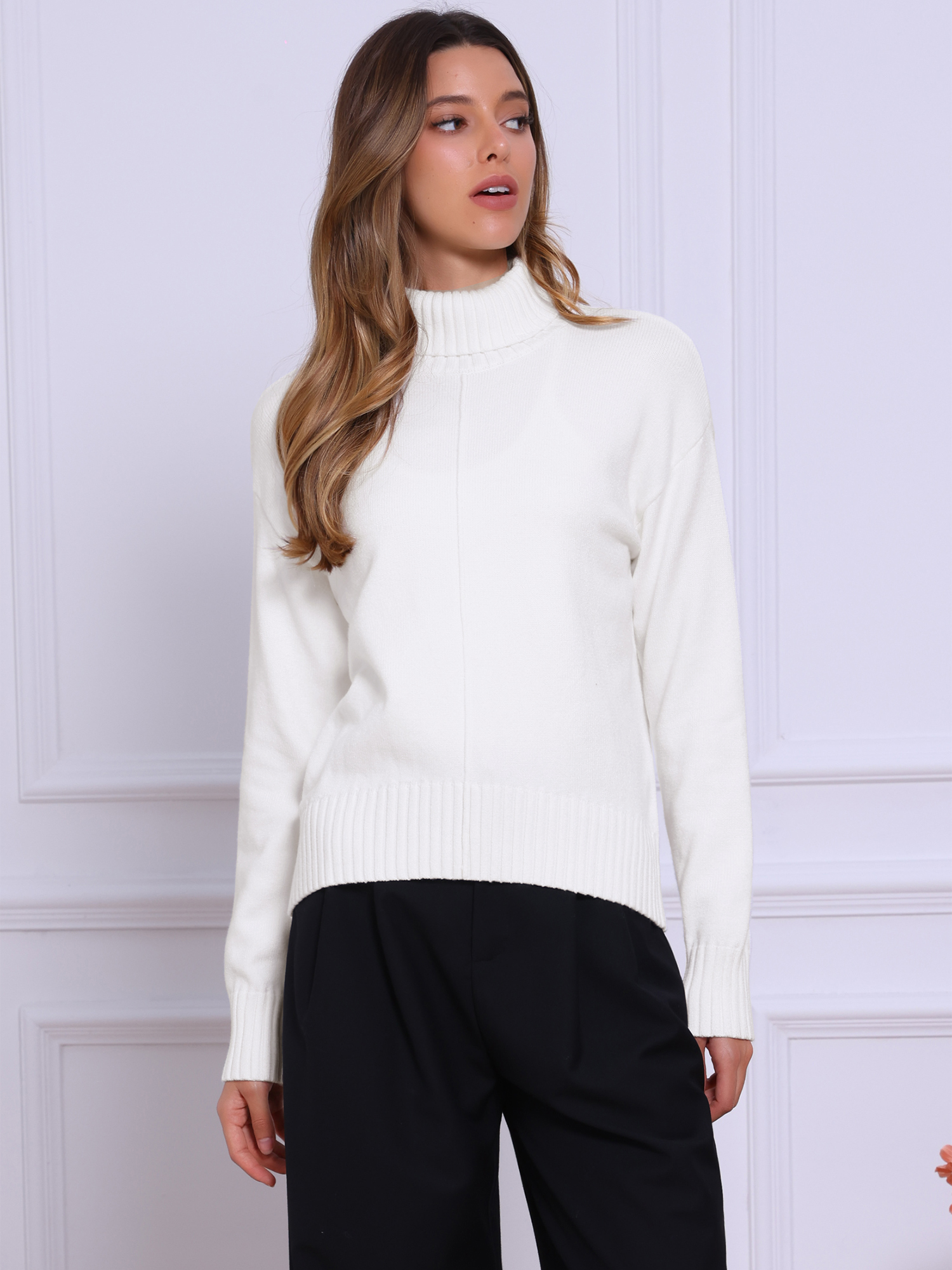 Turtleneck Long Sleeve Fall Winter Casual Pullover Sweater White/XL