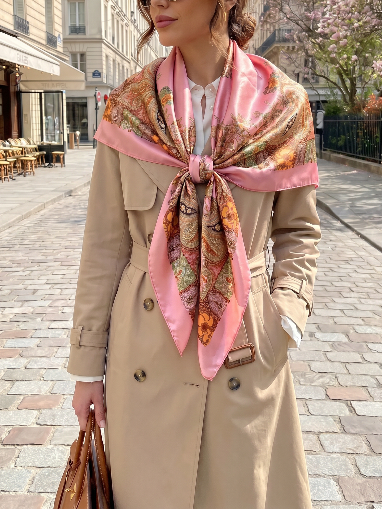 Boho Paisley Print Floral Large Square Scarf Pink/ONE SIZE
