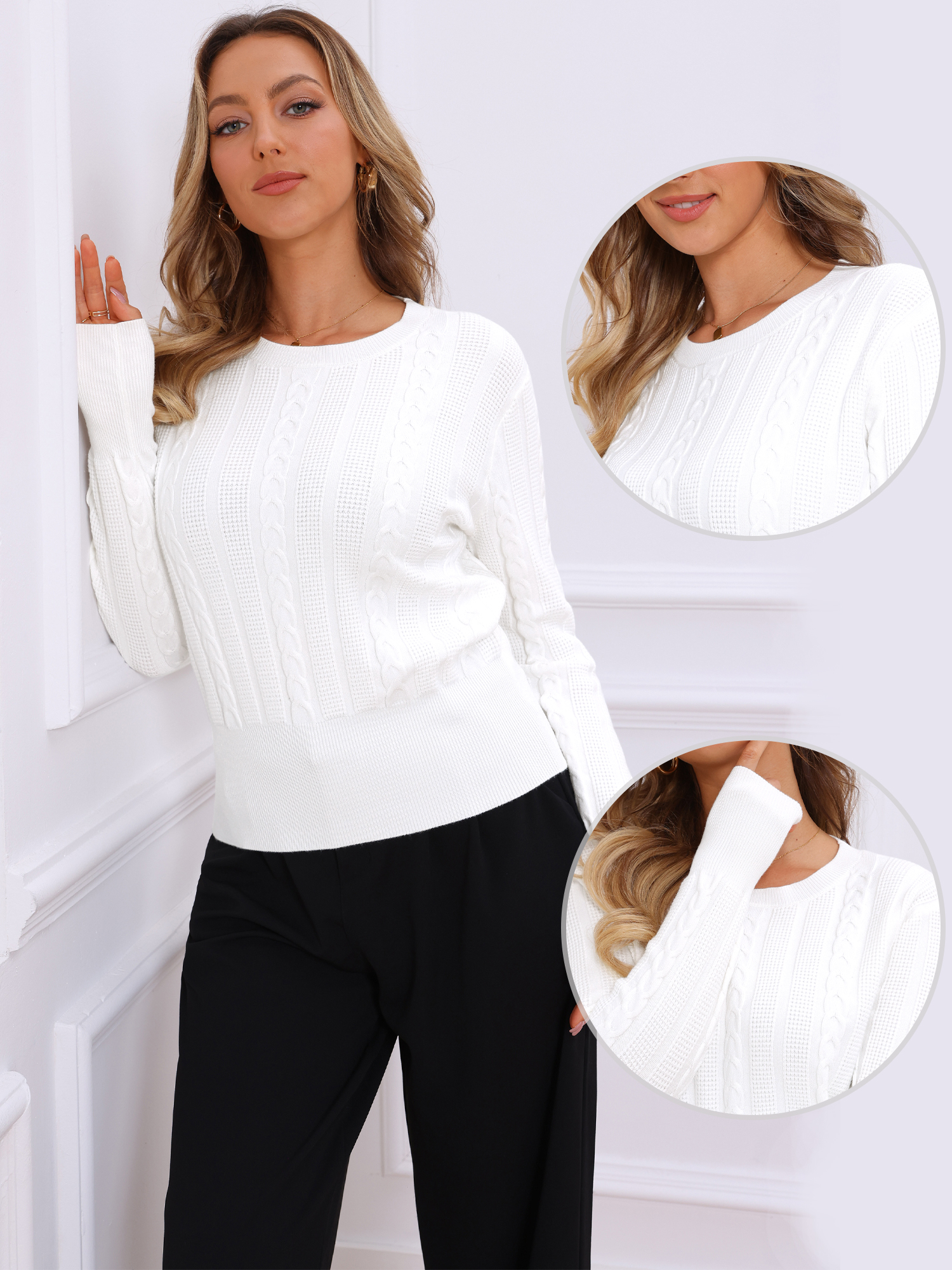 Cable Knit Crew Neck Long Sleeve Crop Sweaters White/L
