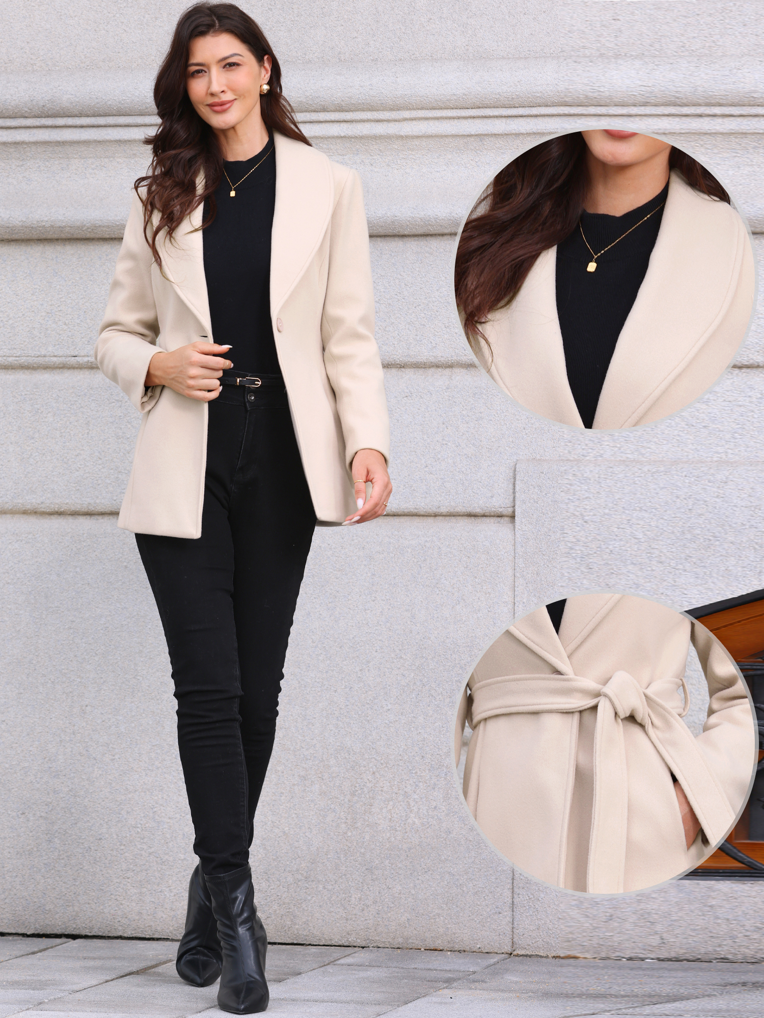 Shawl Collar One Button Overcoats Belted Peacoat Beige/XS