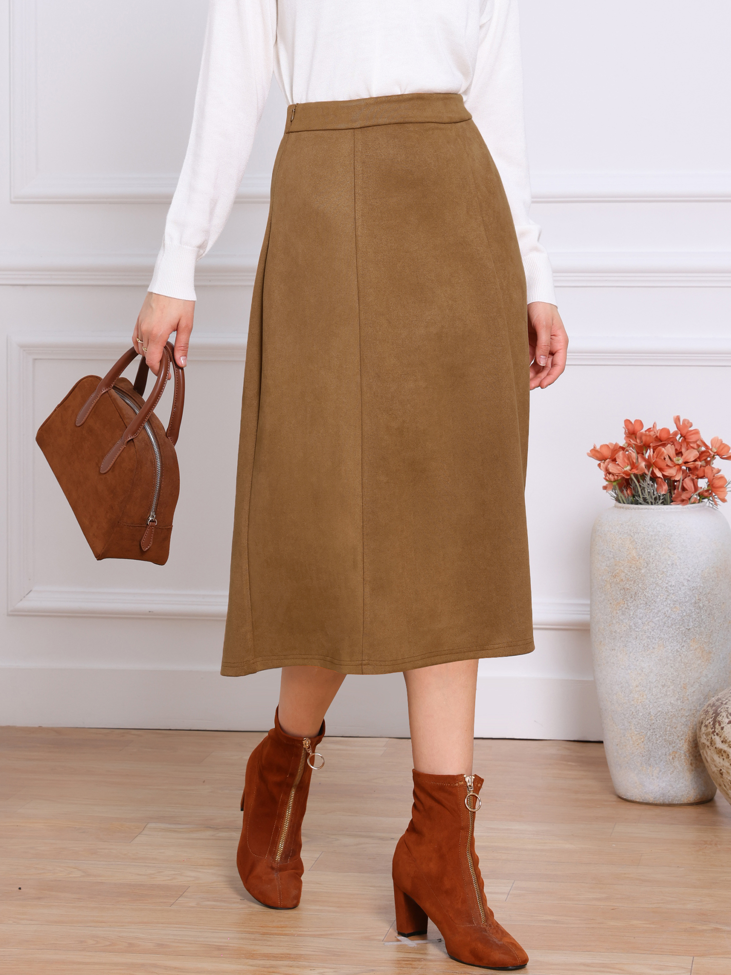 Faux Suede Casual A-Line Midi Skirts Brown/L