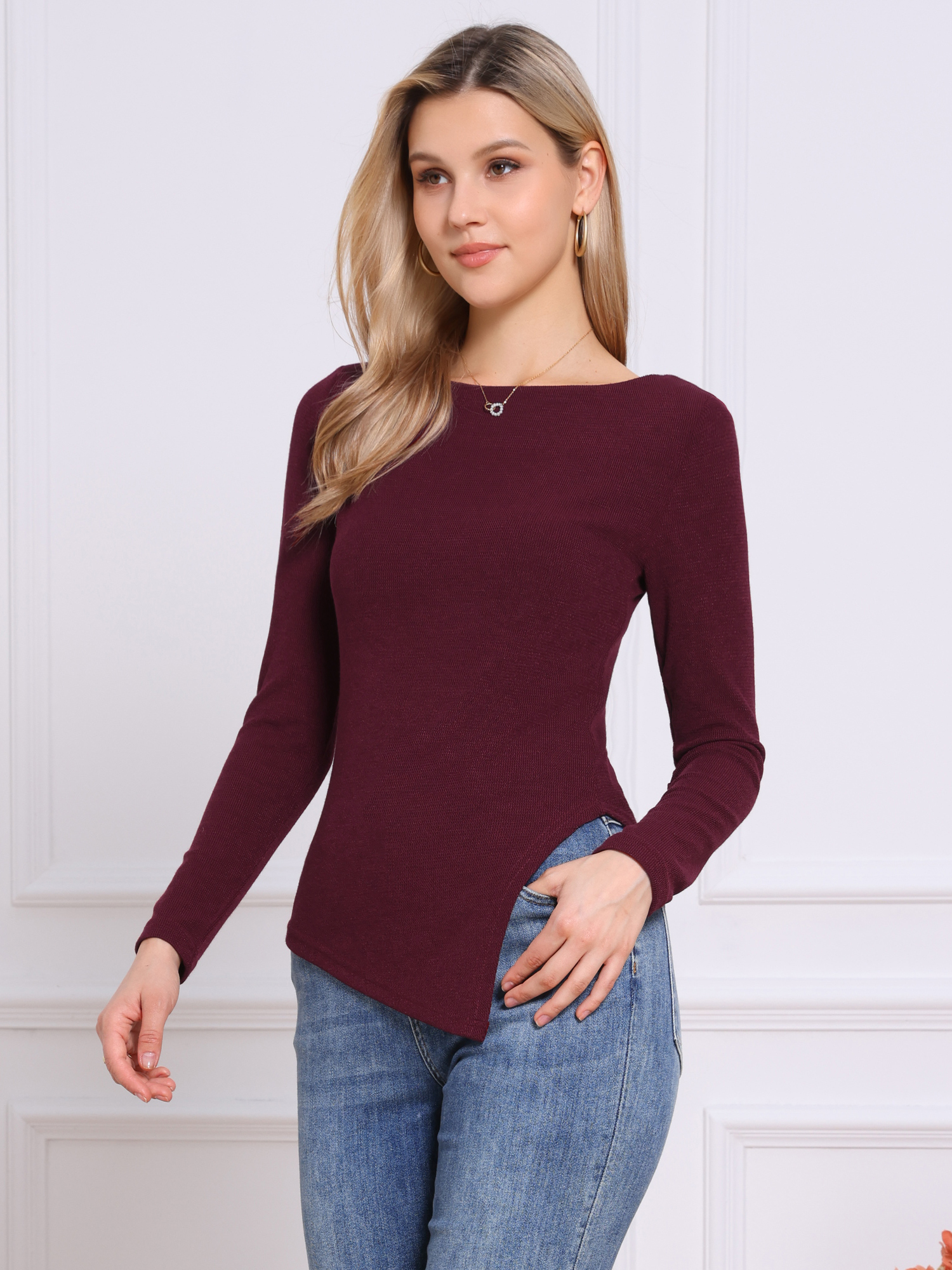 Long Sleeve Boat Neck Irregular Hem Knit Top Red/S