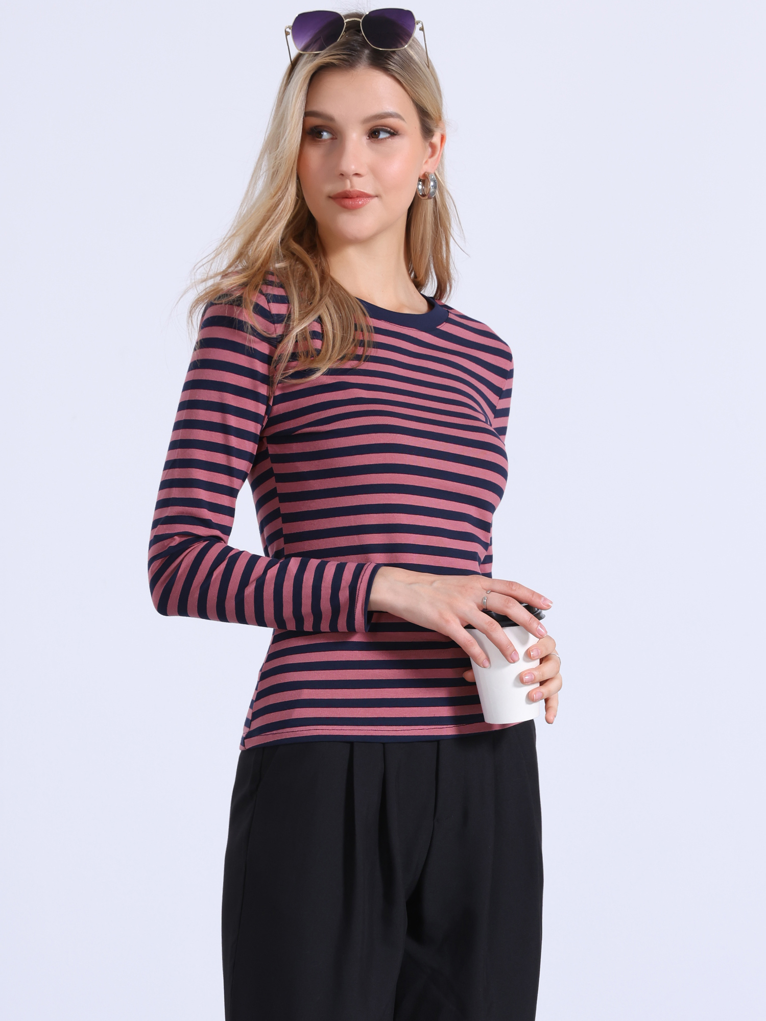 Striped Long Sleeve Crew Neck Casual Tops Pink Stripe/M