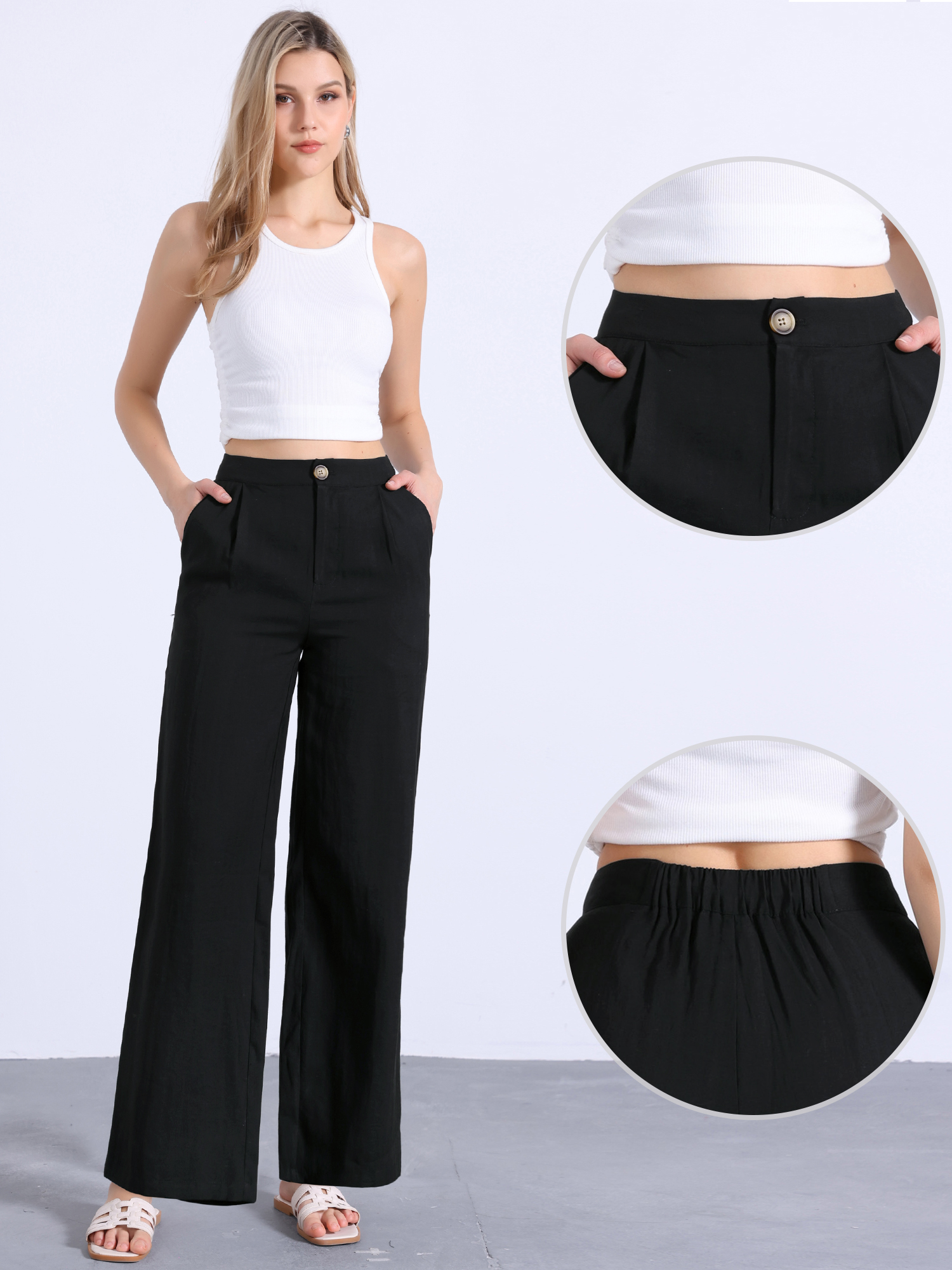 Casual Wide Leg Elastic Waist One Button Pocketed Pants Black/M