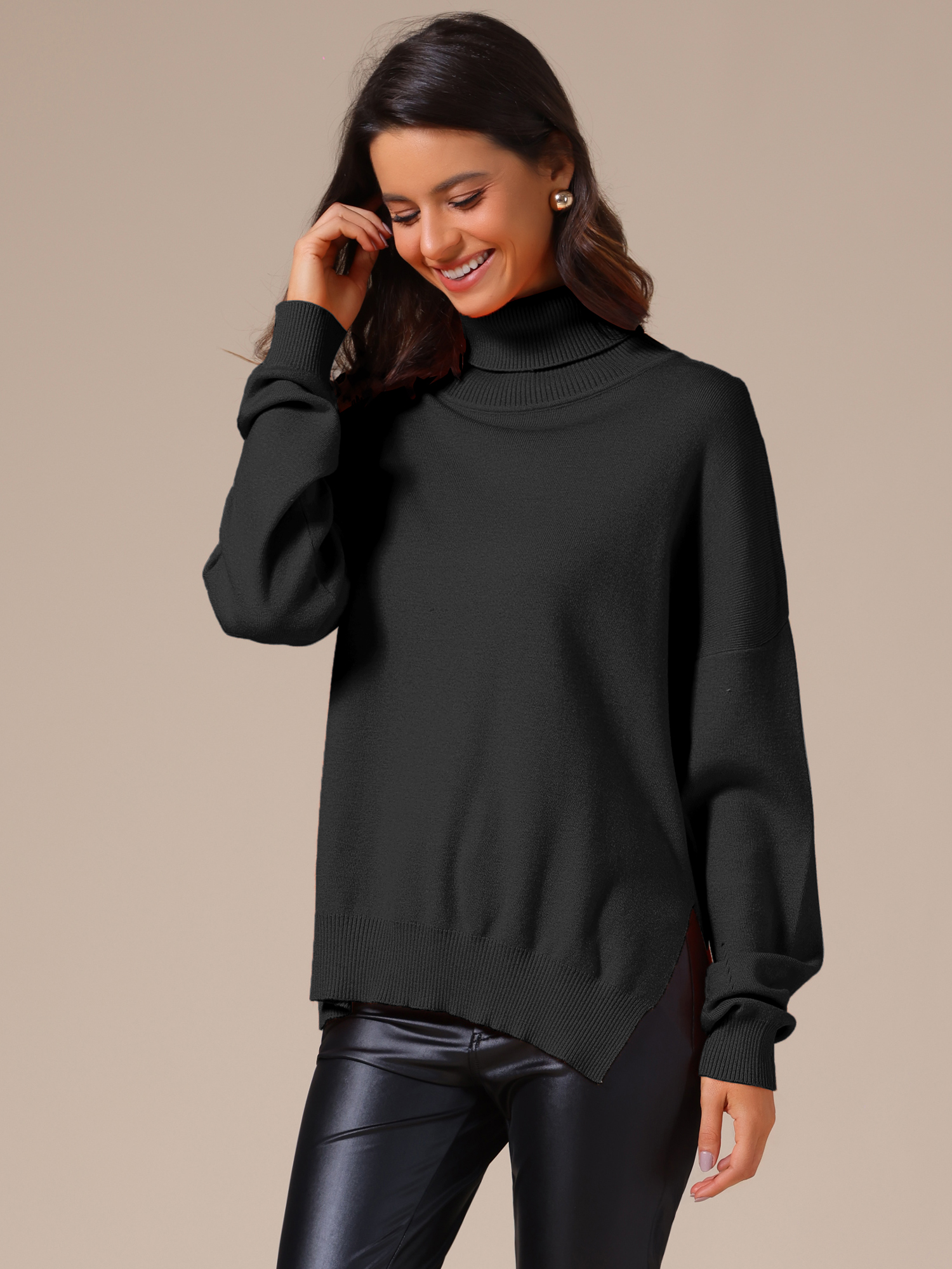 Turtle Neck Pullover Drop Shoulder Side Slit Sweater Black/XL