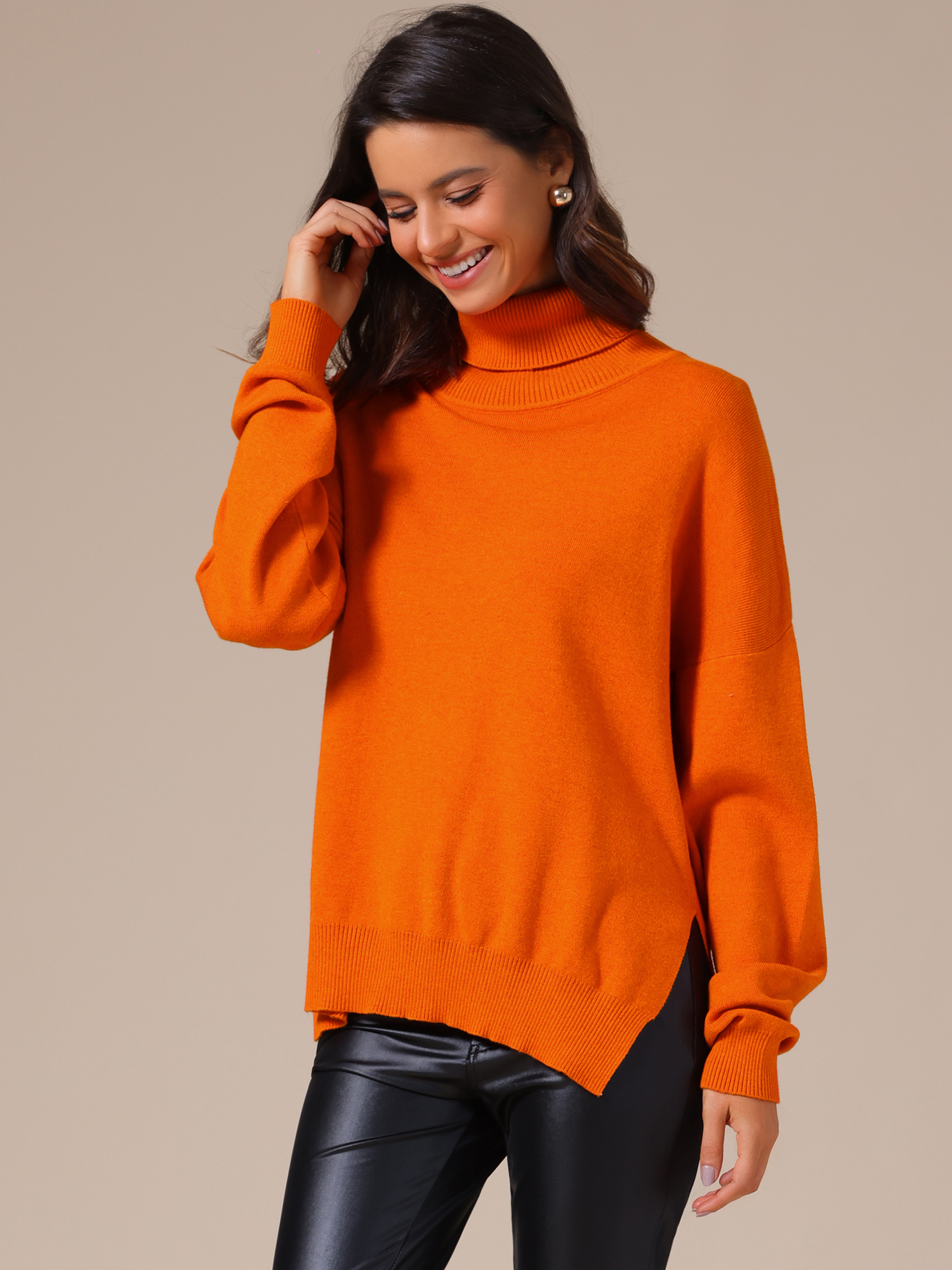 Turtle Neck Pullover Drop Shoulder Side Slit Sweater Orange/XL