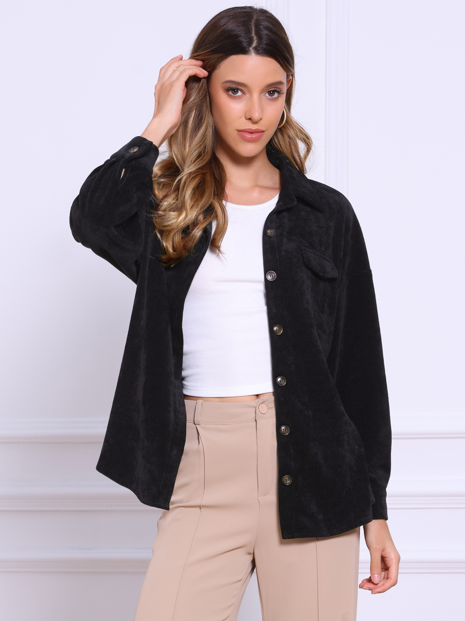 Button Down Long Sleeve Oversized Corduroy Jacket Shacket Black/S