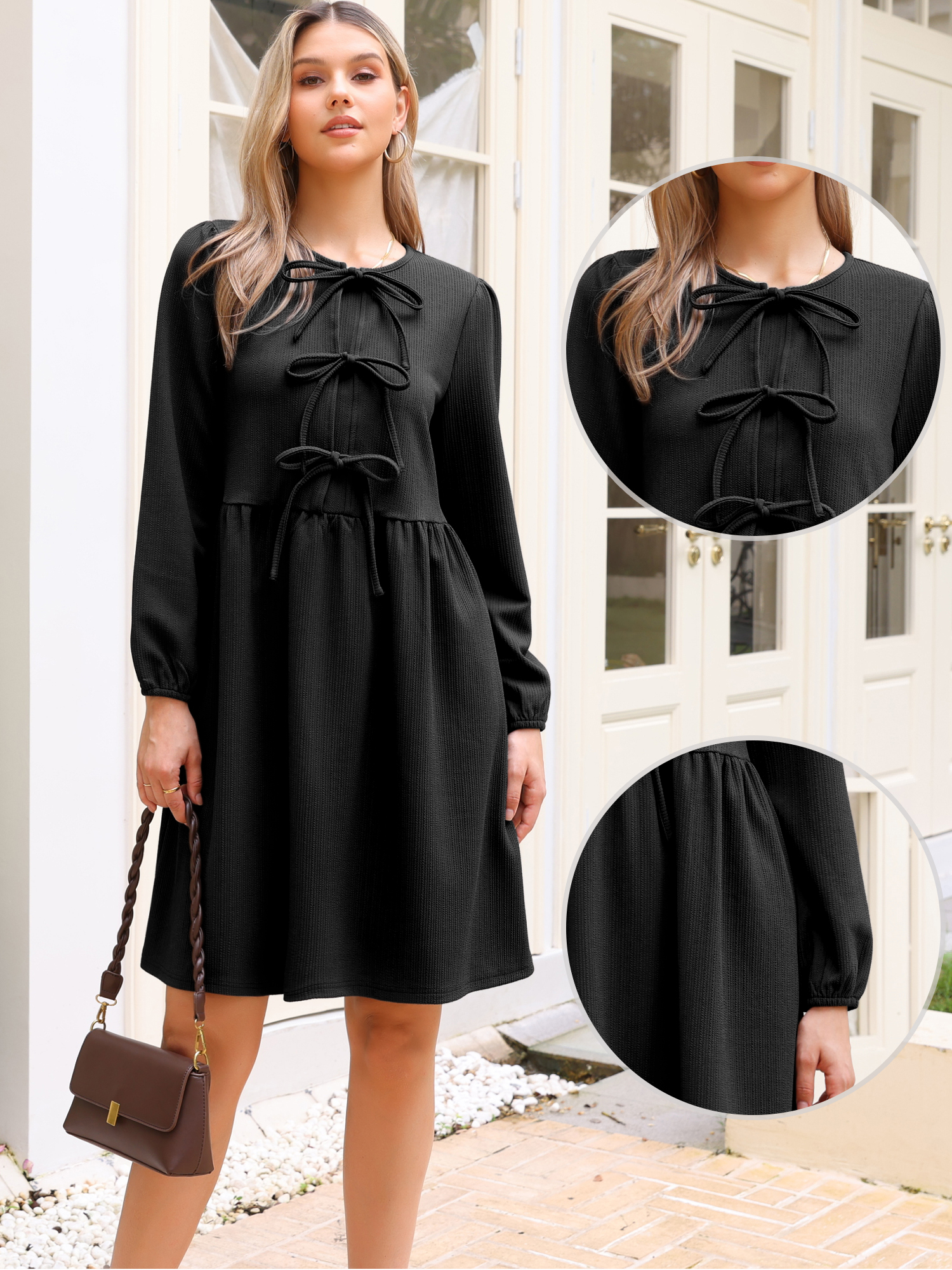 Puff Long Sleeve Bow Tie Front Babydoll Dress Black/L