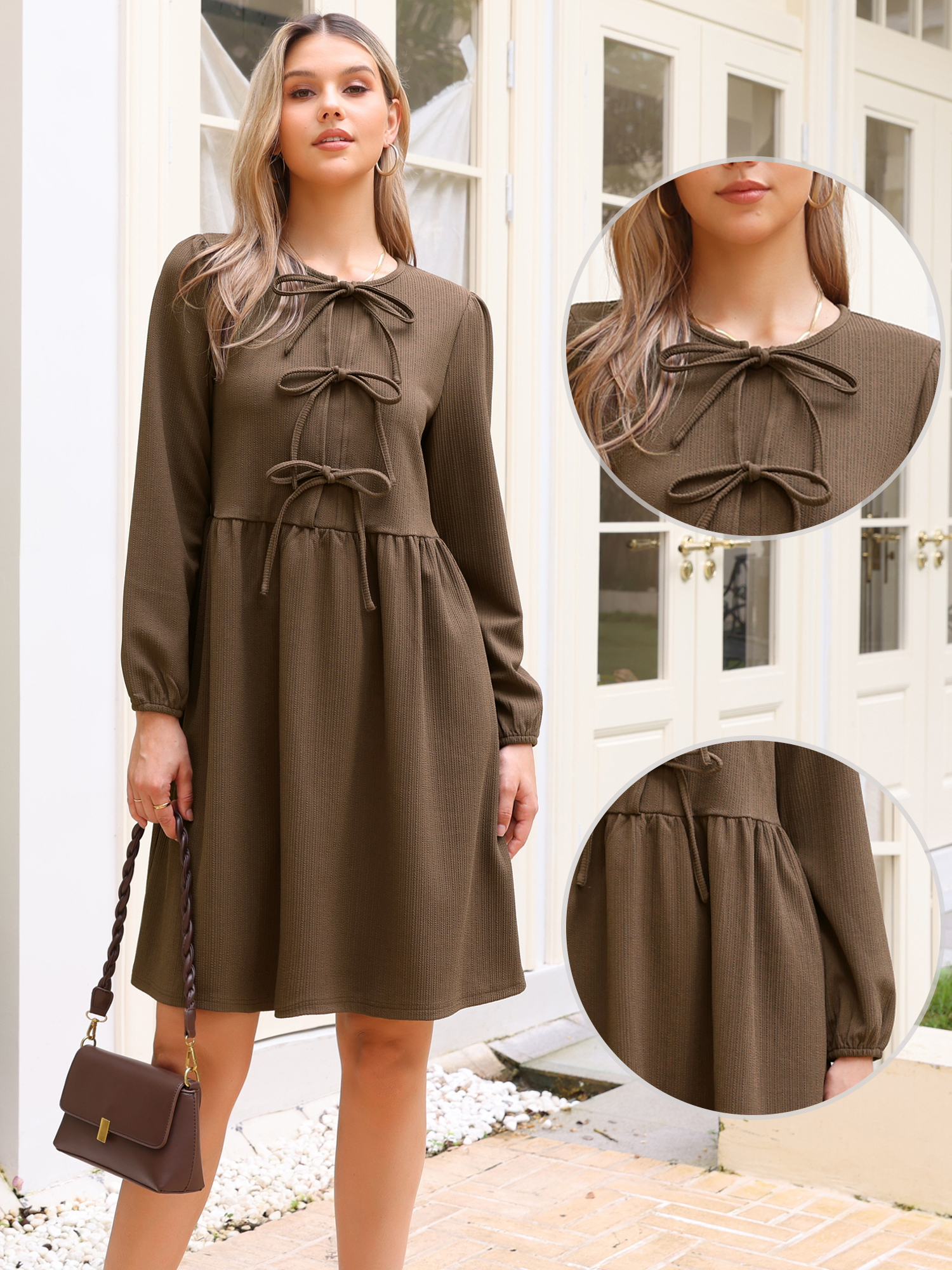 Puff Long Sleeve Bow Tie Front Babydoll Dress Brown/XS