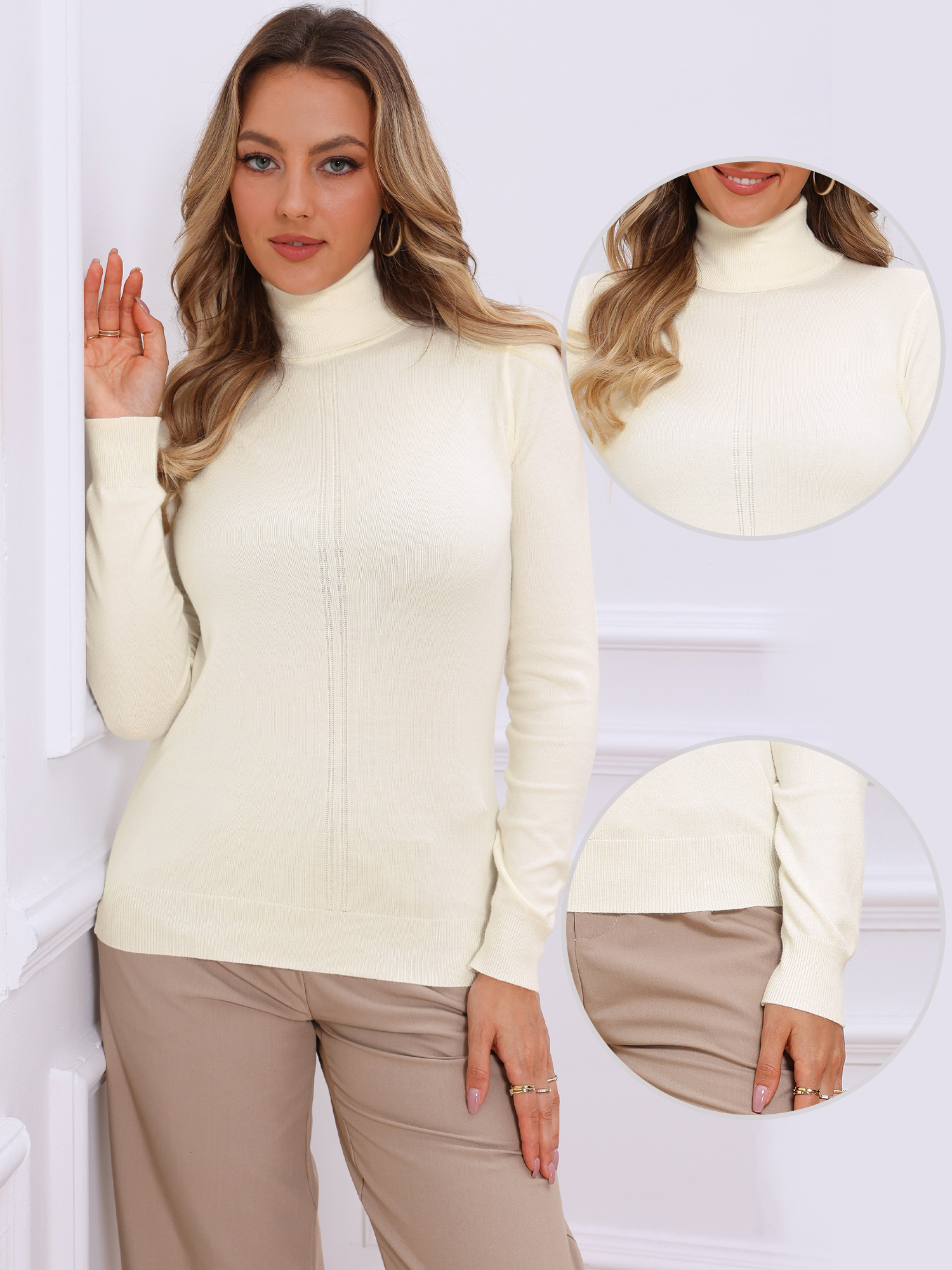 Long Sleeve Turtleneck Fitted Ribbed Knit Sweater Beige/XL