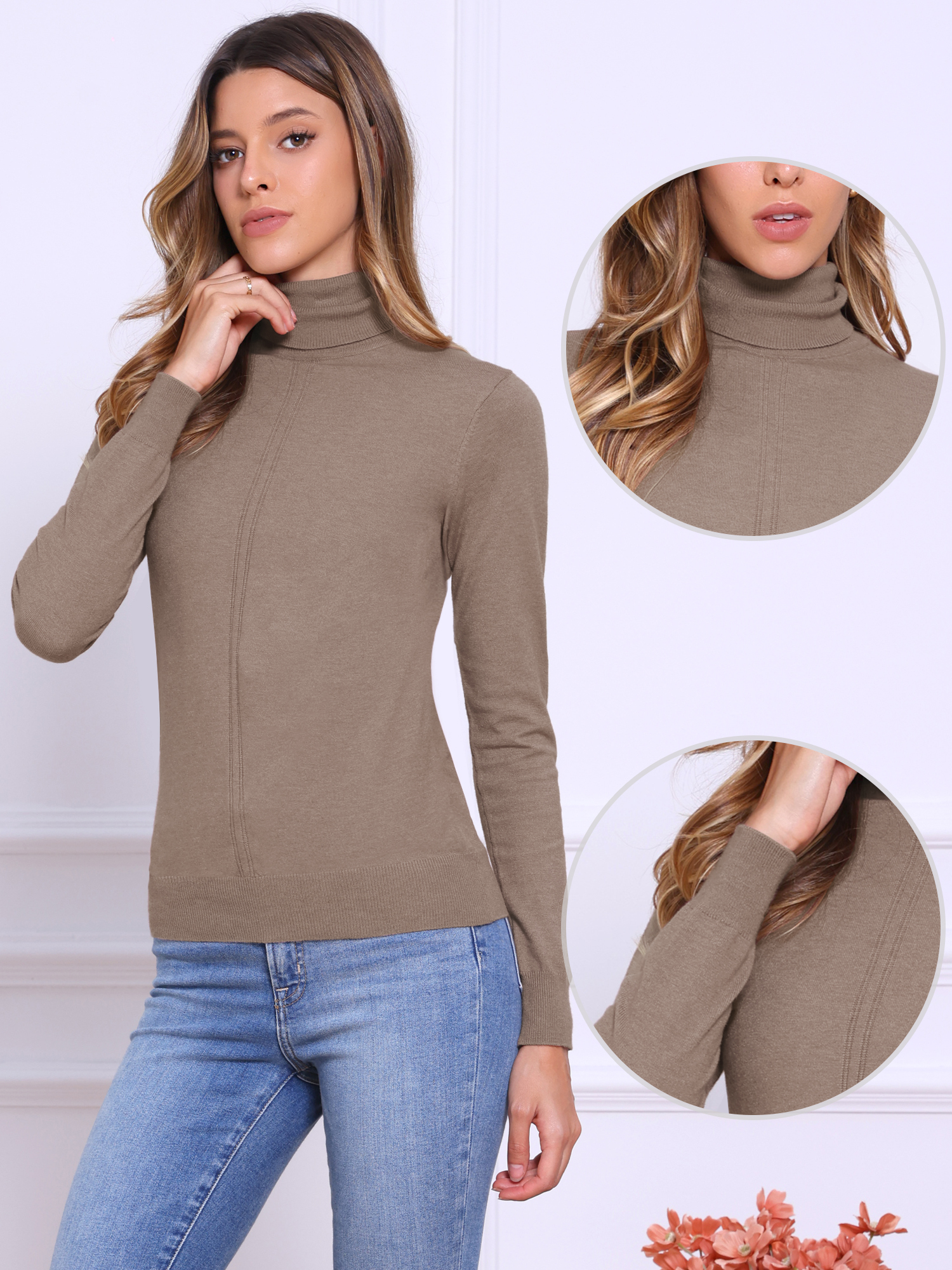 Long Sleeve Turtleneck Fitted Ribbed Knit Sweater Coffee/M