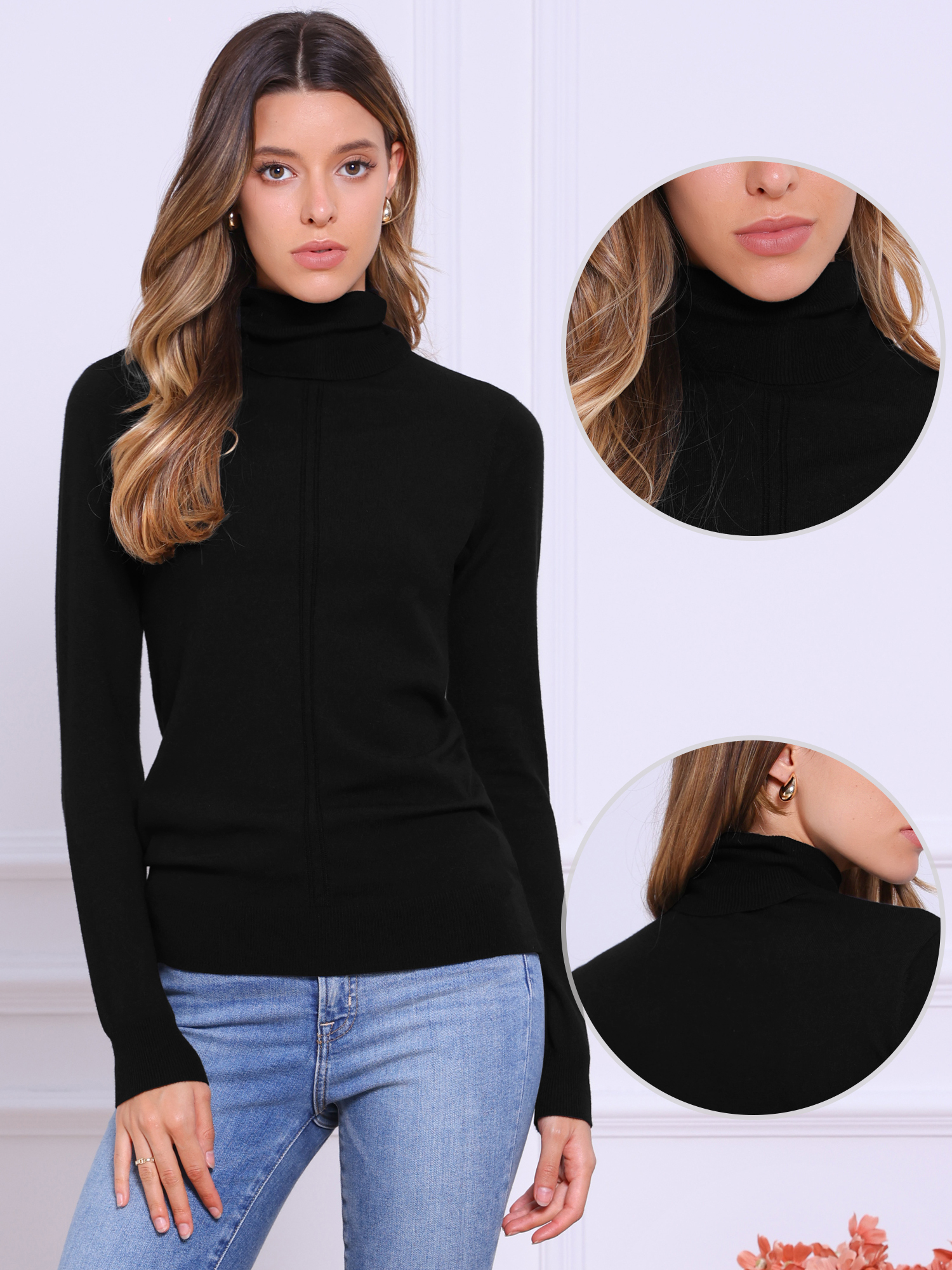 Long Sleeve Turtleneck Fitted Ribbed Knit Sweater Black/XS