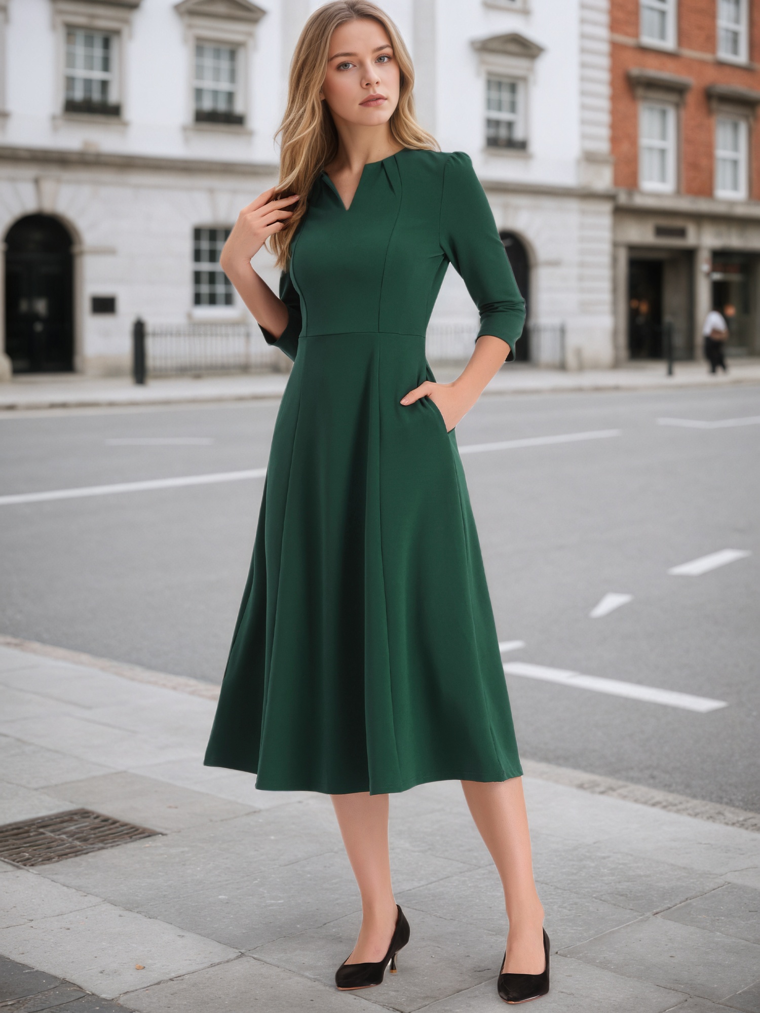 Notch Neck Pocketed 3/4 Sleeve Solid A-Line Work Dress Dark Green/2XL