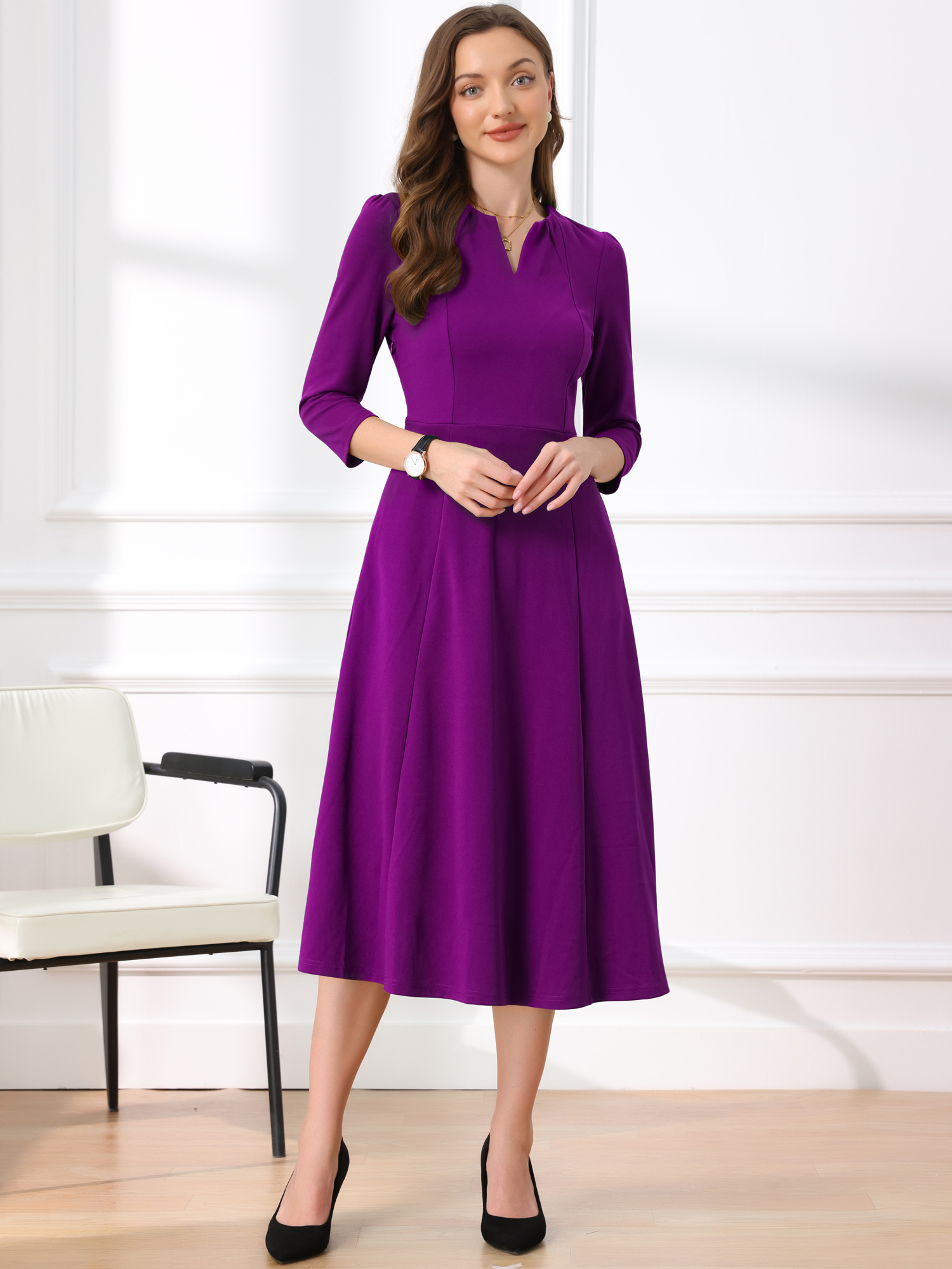Notch Neck 3/4 Sleeve Pocketed Solid A-Line Work Dress Dark Purple/M