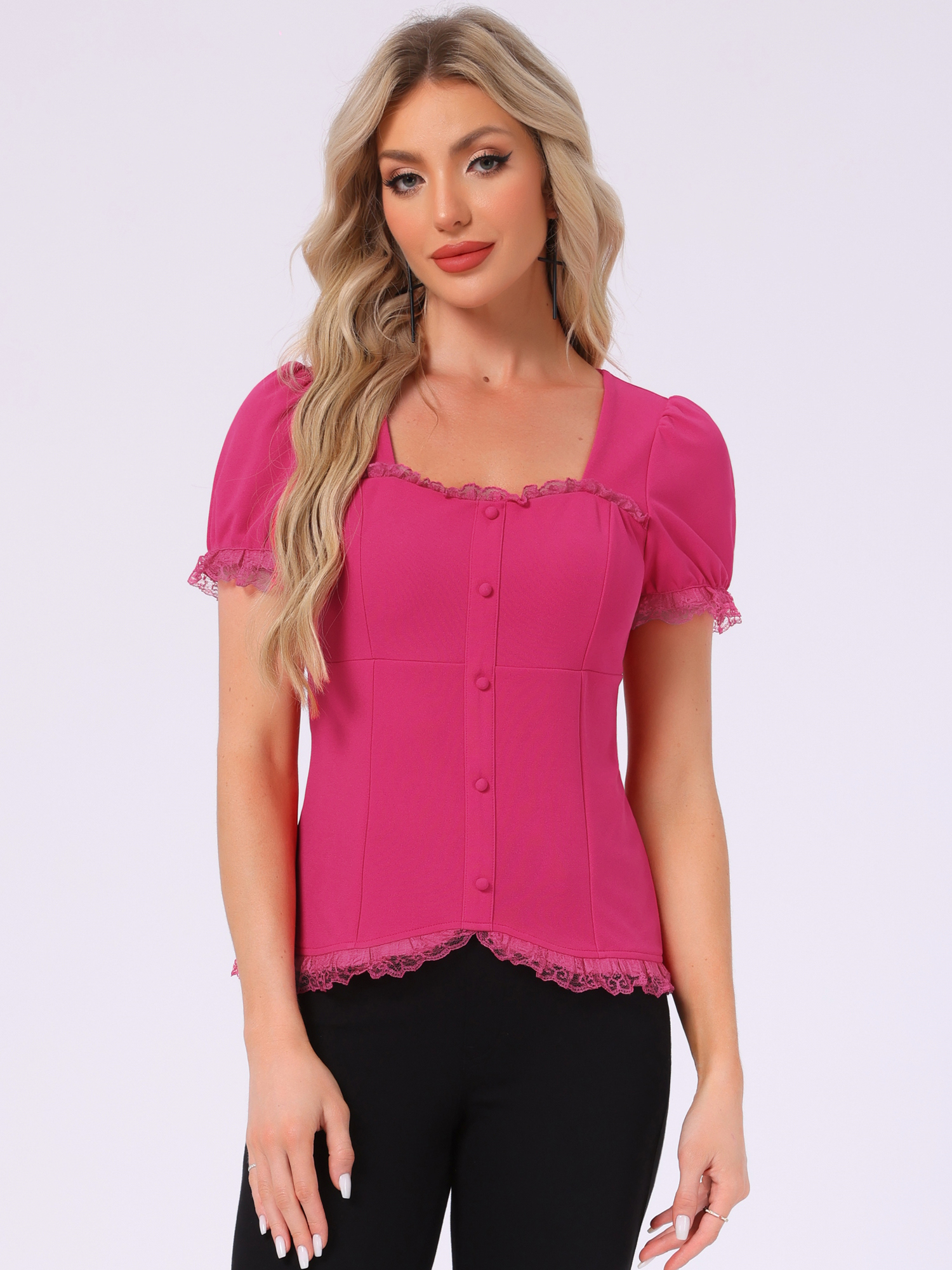 Sweetheart Neck Puff Short Sleeve Lace Up Gothic Blouse Hot Pink/L