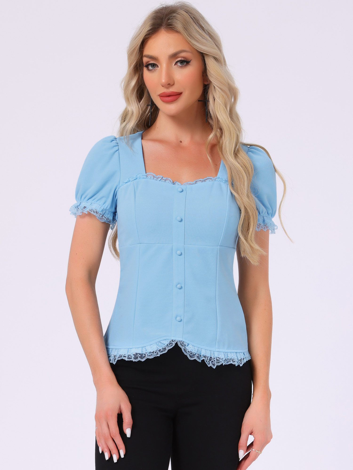 Sweetheart Neck Puff Short Sleeve Lace Up Gothic Blouse Sky Blue/XL