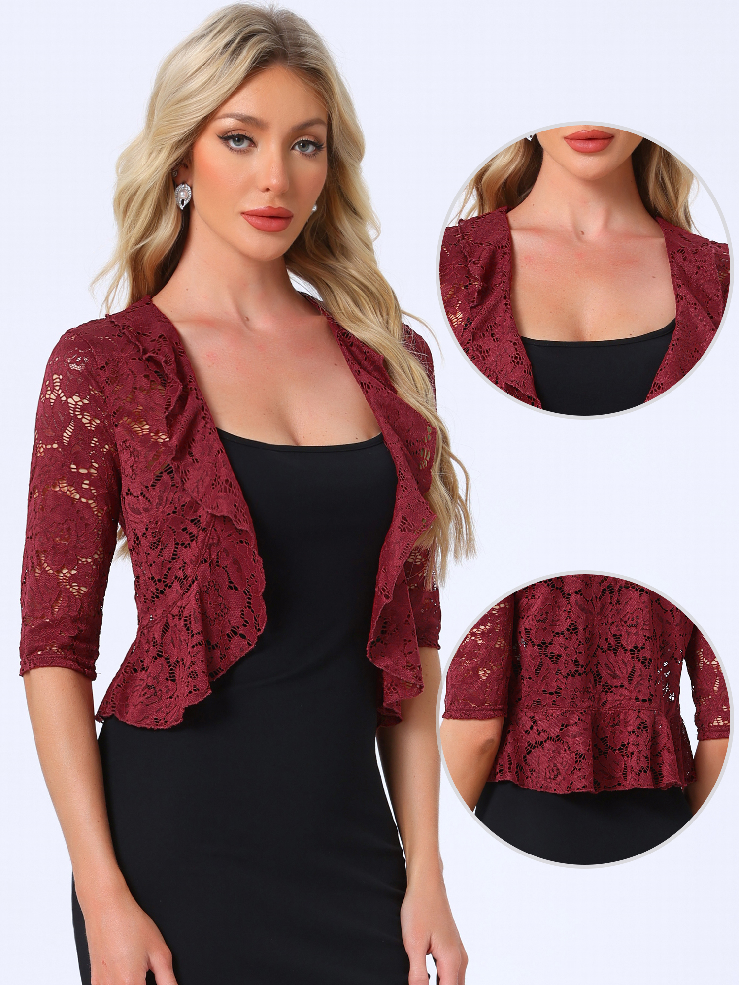 Lace Sheer 3/4 Sleeve Ruffle Hem Open Front Bolero Shrug Burgundy/M