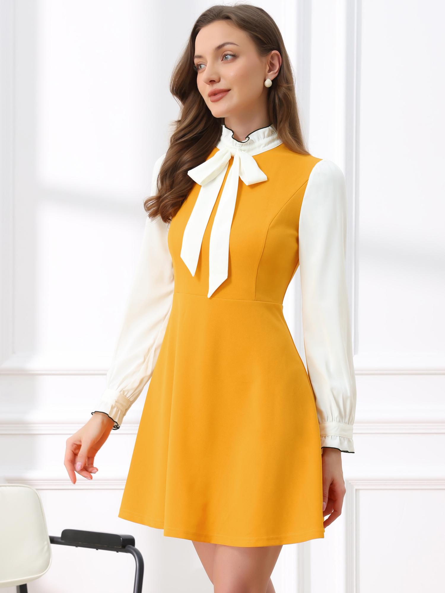 Patchwork Contrast Color Long Sleeve Tie Neck Mini Dress Yellow/S