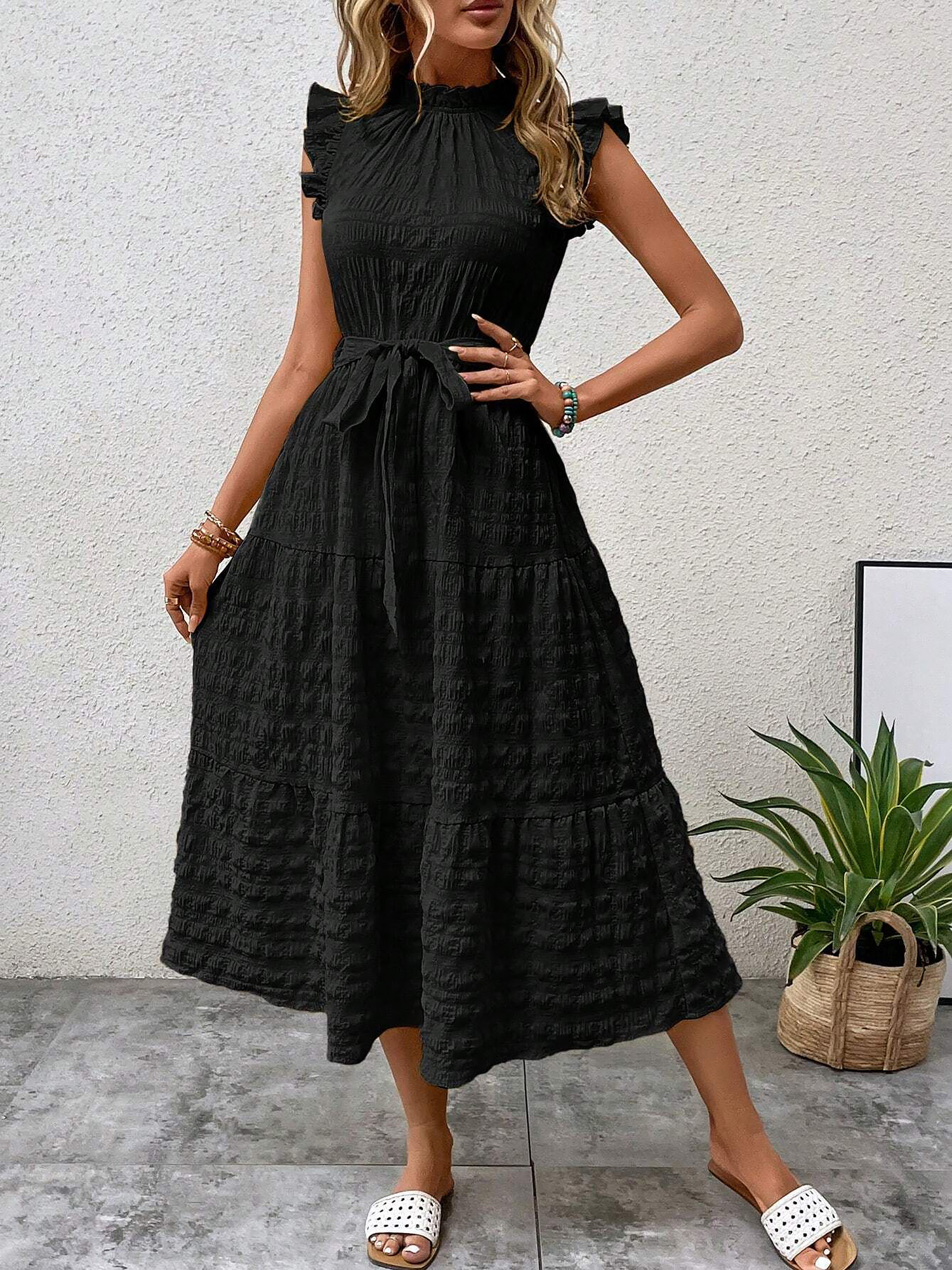 Ruffled Cap Sleeves Lace-Up Textured Tiered Dress Black/M