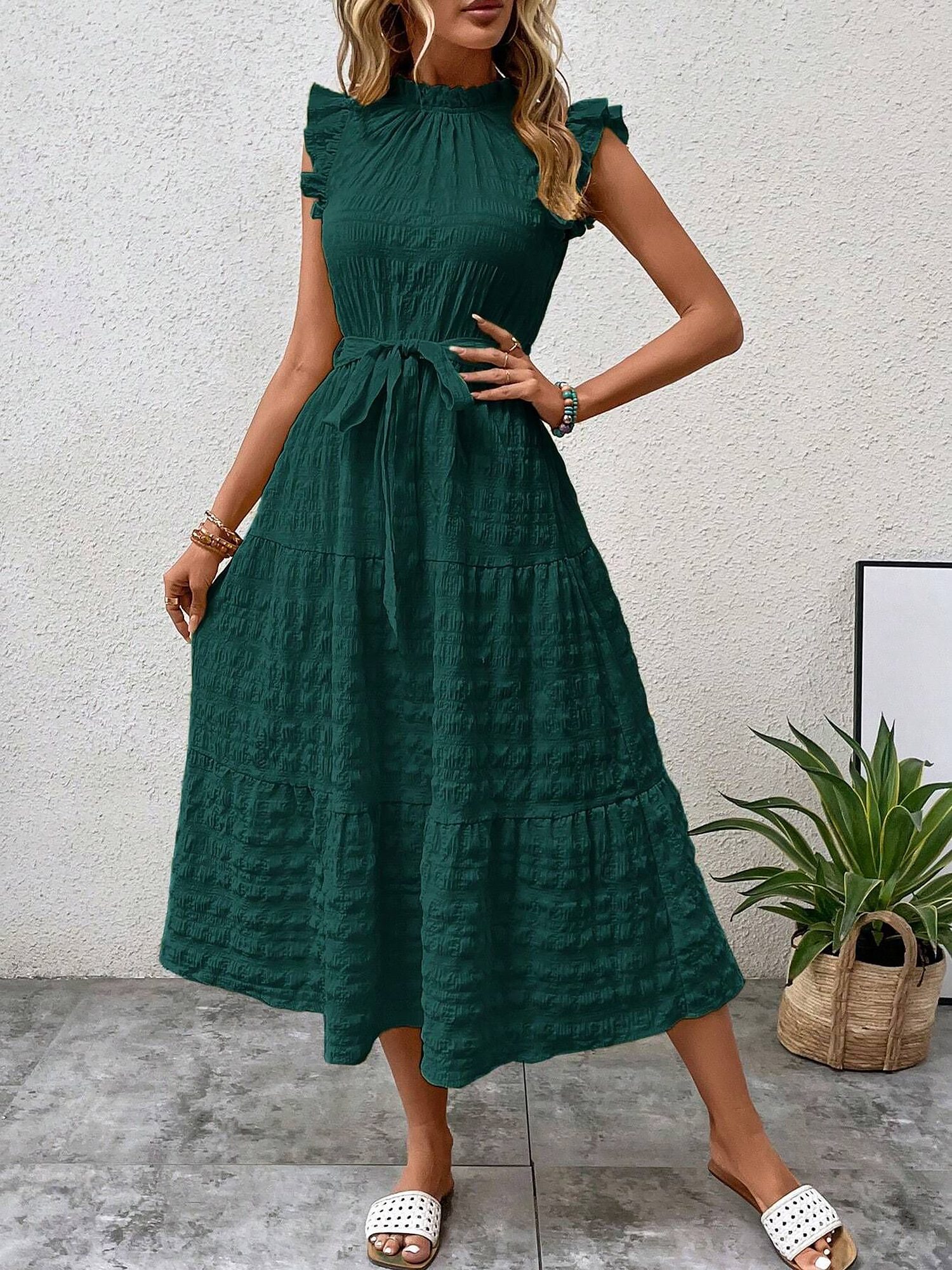 Ruffled Cap Sleeves Lace-Up Textured Tiered Dress Dark Green/L