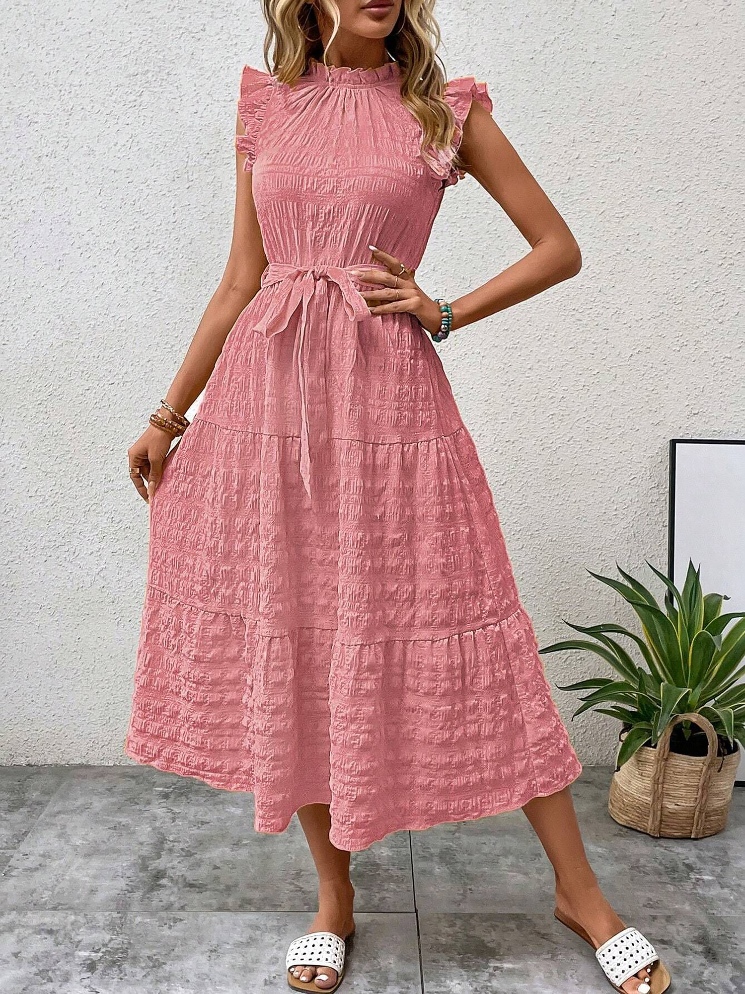 Ruffled Cap Sleeves Lace-Up Textured Tiered Dress Pink/M