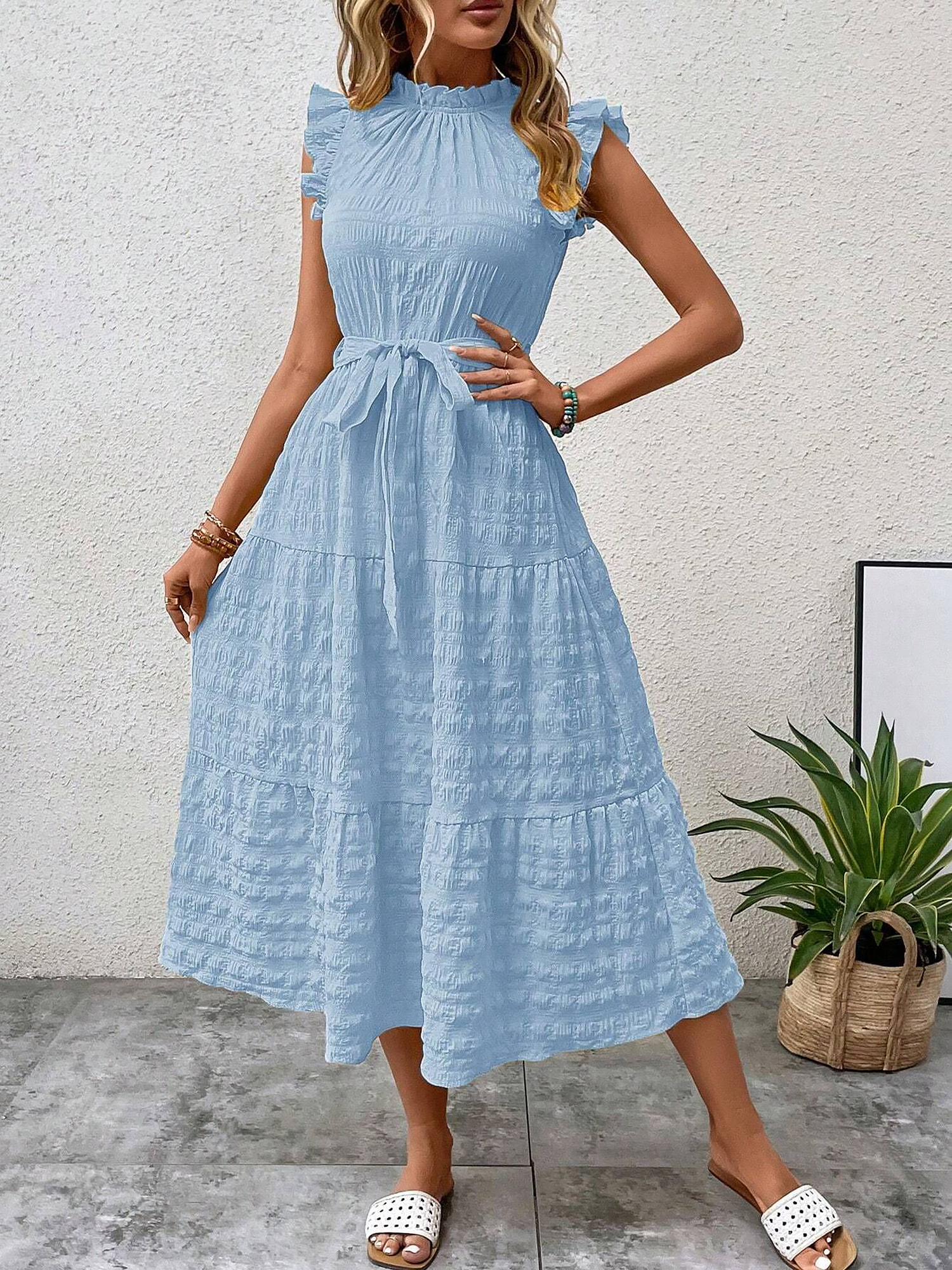 Ruffled Cap Sleeves Lace-Up Textured Tiered Dress Light Blue/M