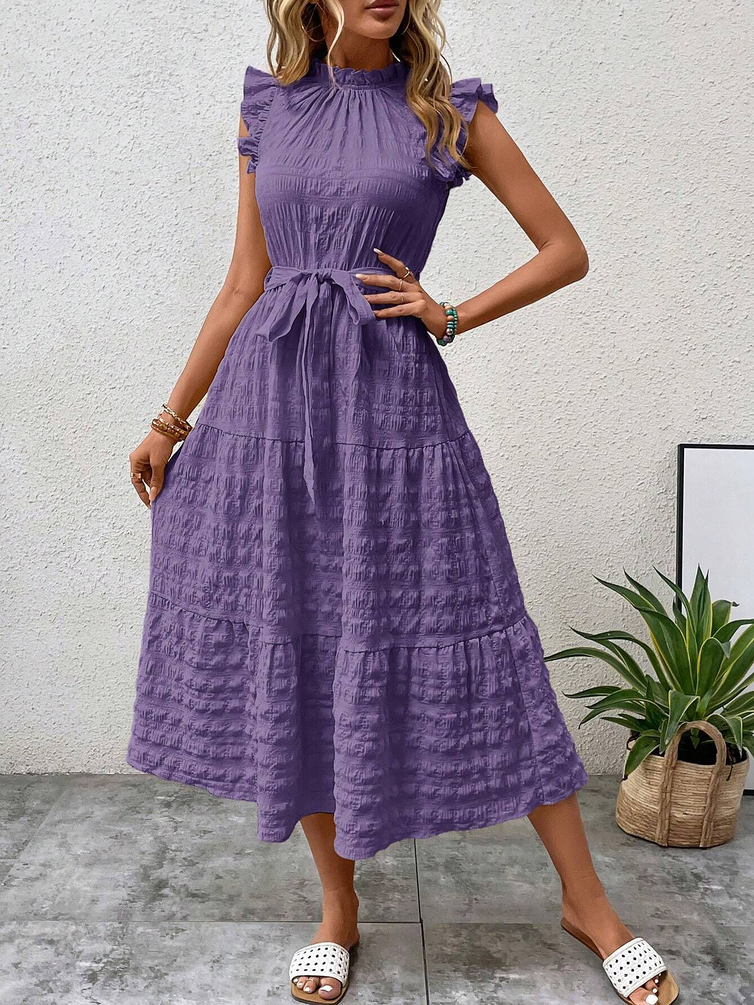 Ruffled Cap Sleeves Lace-Up Textured Tiered Dress Purple/S