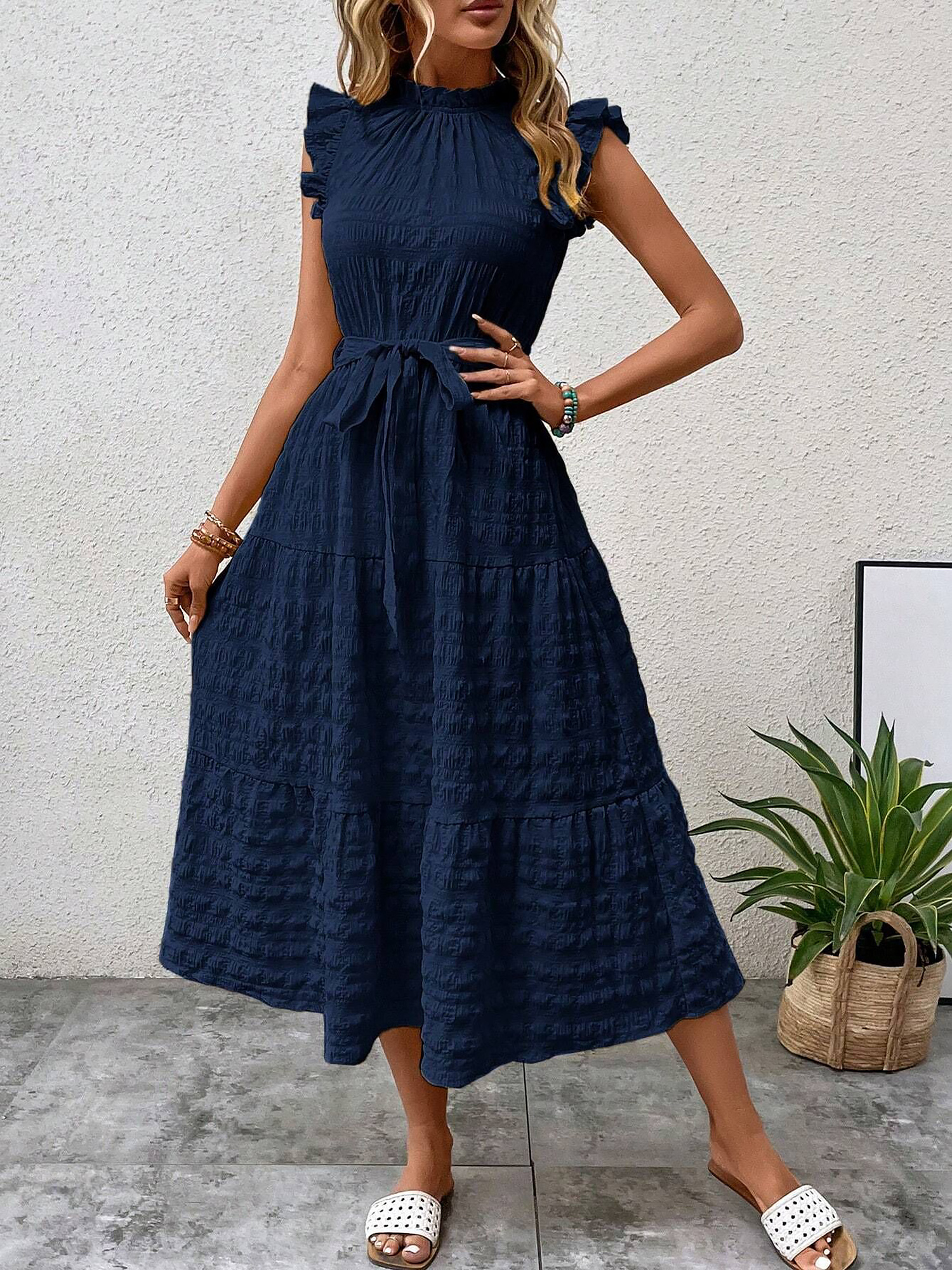 Ruffled Cap Sleeves Lace-Up Textured Tiered Dress Navy Blue/L